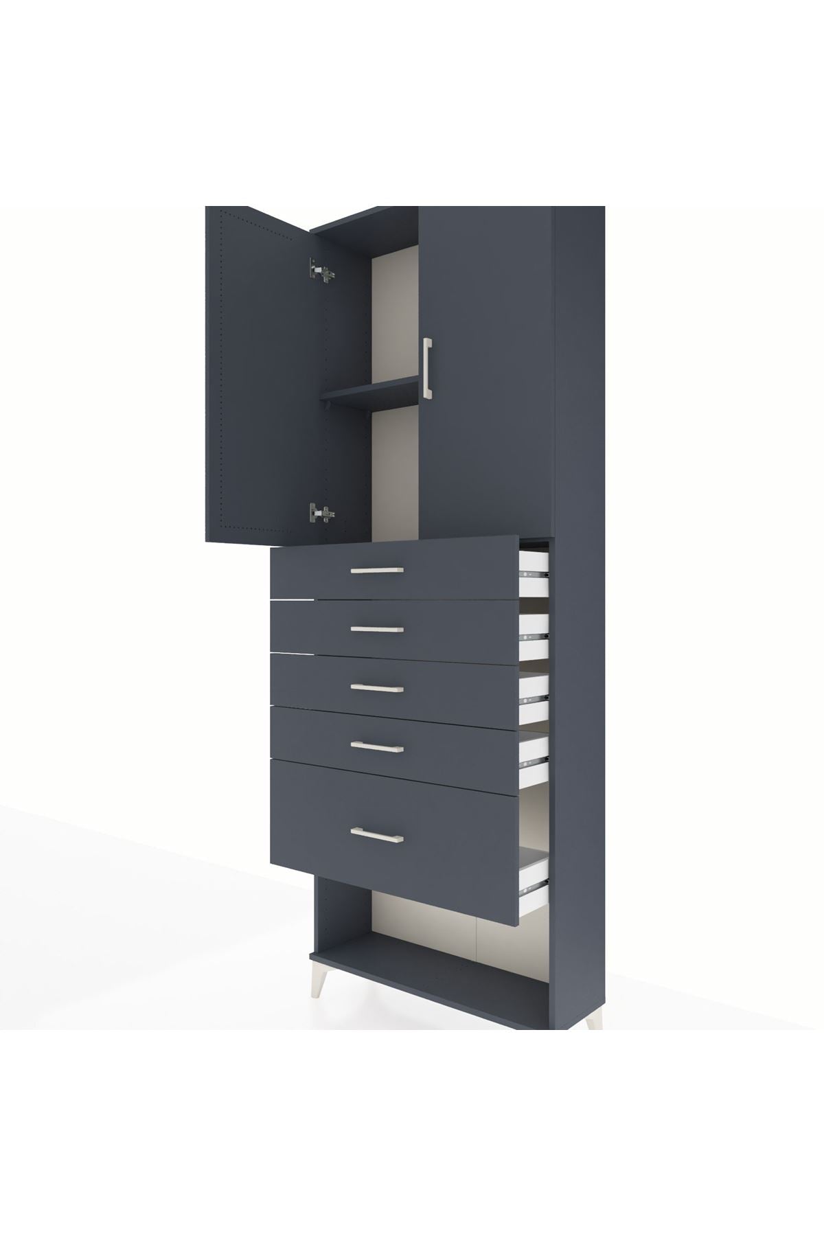 Arges Dolap 2 Raflı 5 Çekmeceli 2 Kapaklı 88x30x243 Antrasit-Antrasit