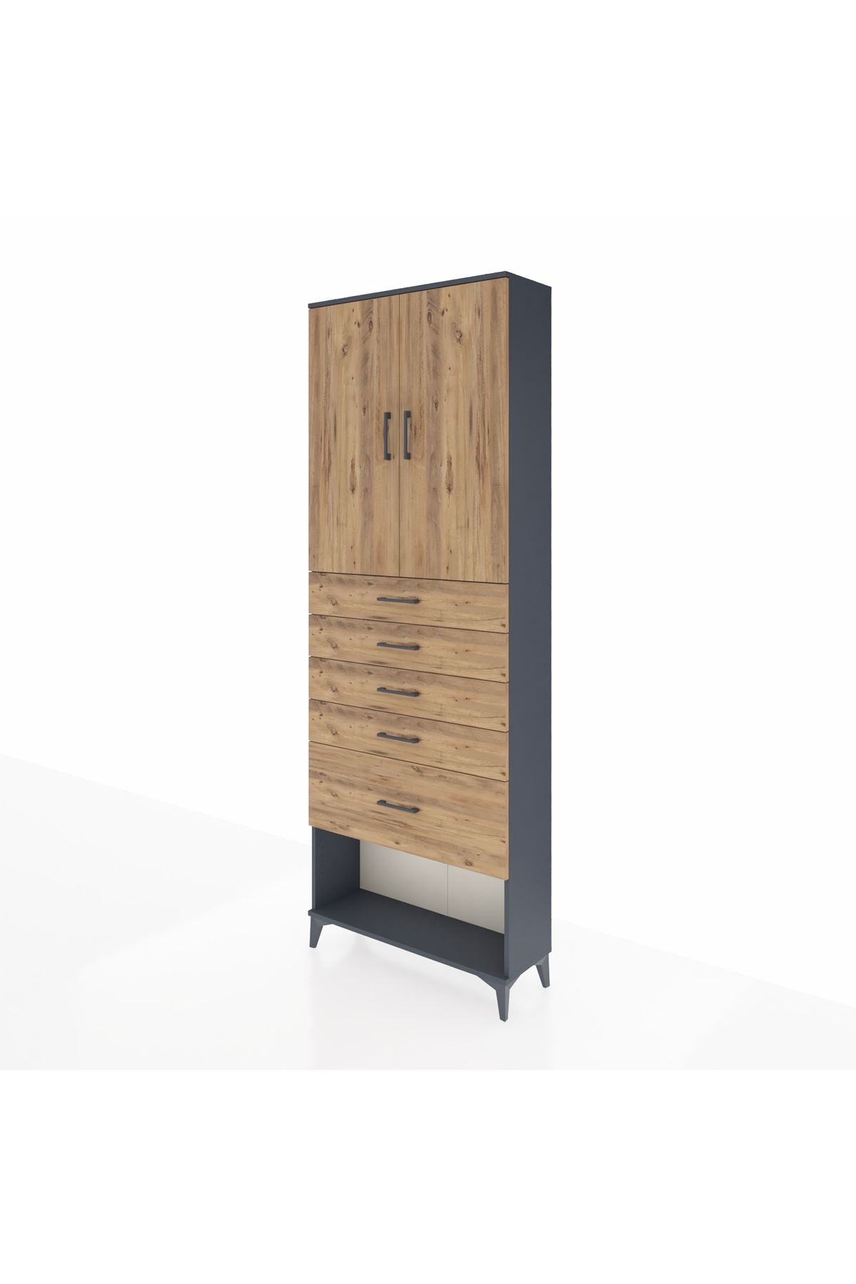 Arges Dolap 2 Raflı 5 Çekmeceli 2 Kapaklı 88x30x243 Antrasit-Çam