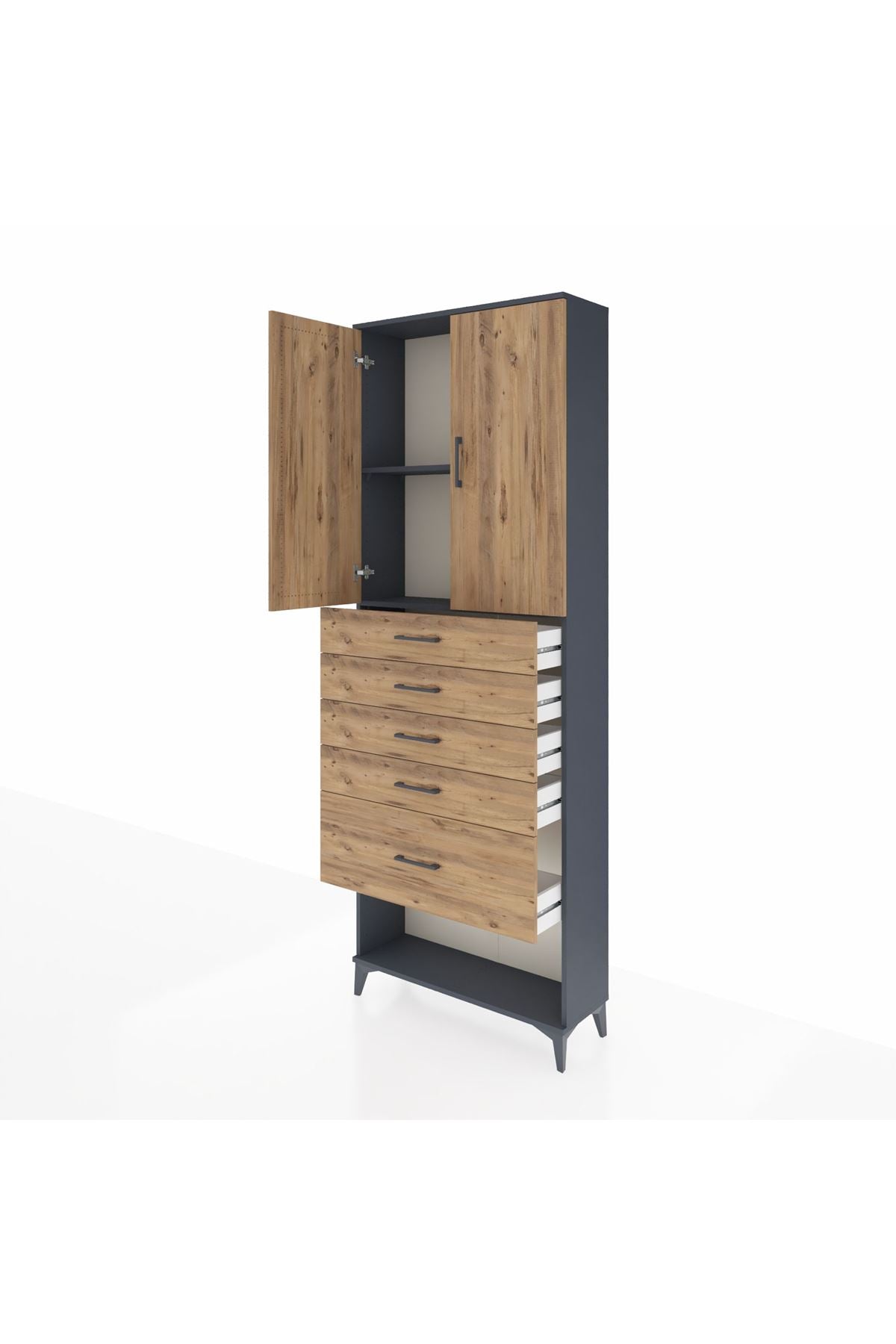 Arges Dolap 2 Raflı 5 Çekmeceli 2 Kapaklı 88x30x243 Antrasit-Çam