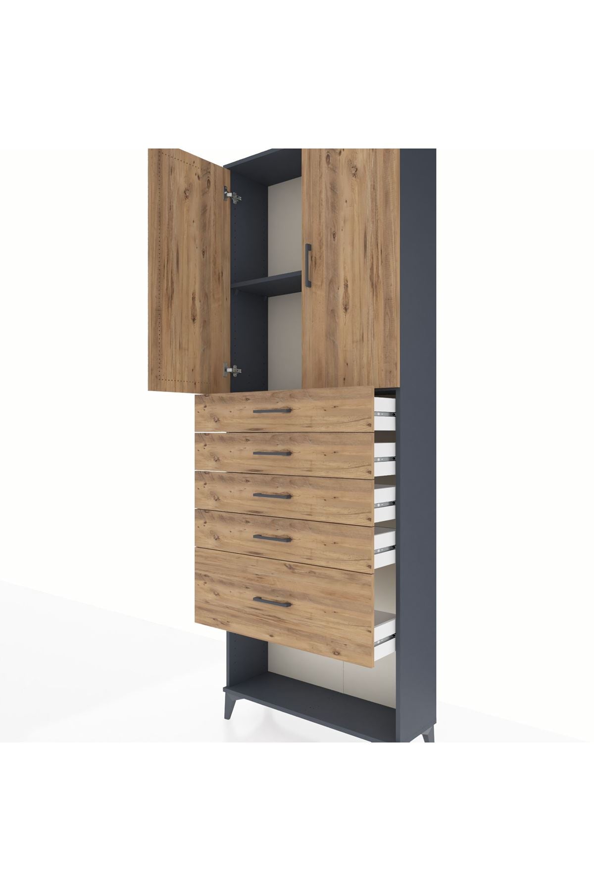 Arges Dolap 2 Raflı 5 Çekmeceli 2 Kapaklı 88x30x243 Antrasit-Çam