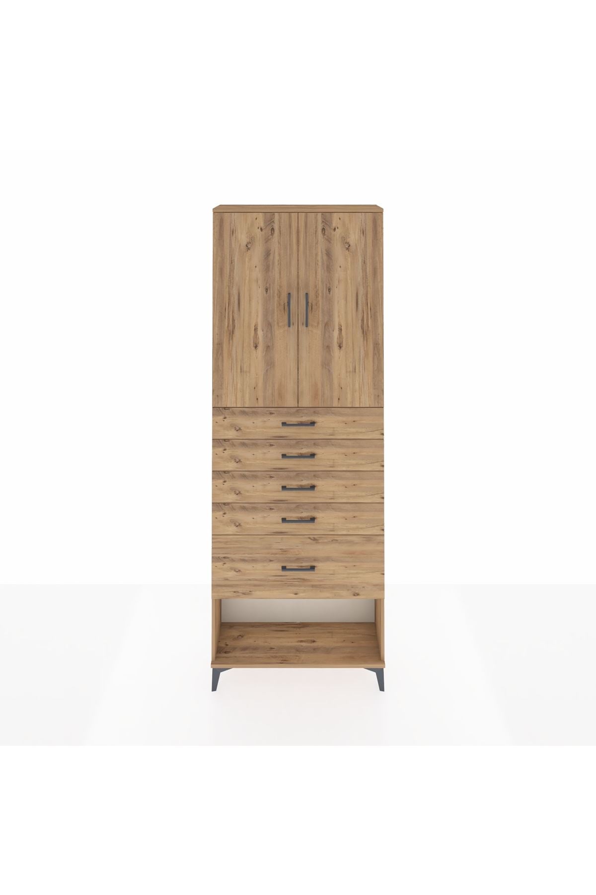 Arges Dolap 2 Raflı 5 Çekmeceli 2 Kapaklı 88x30x243 Çam-Çam