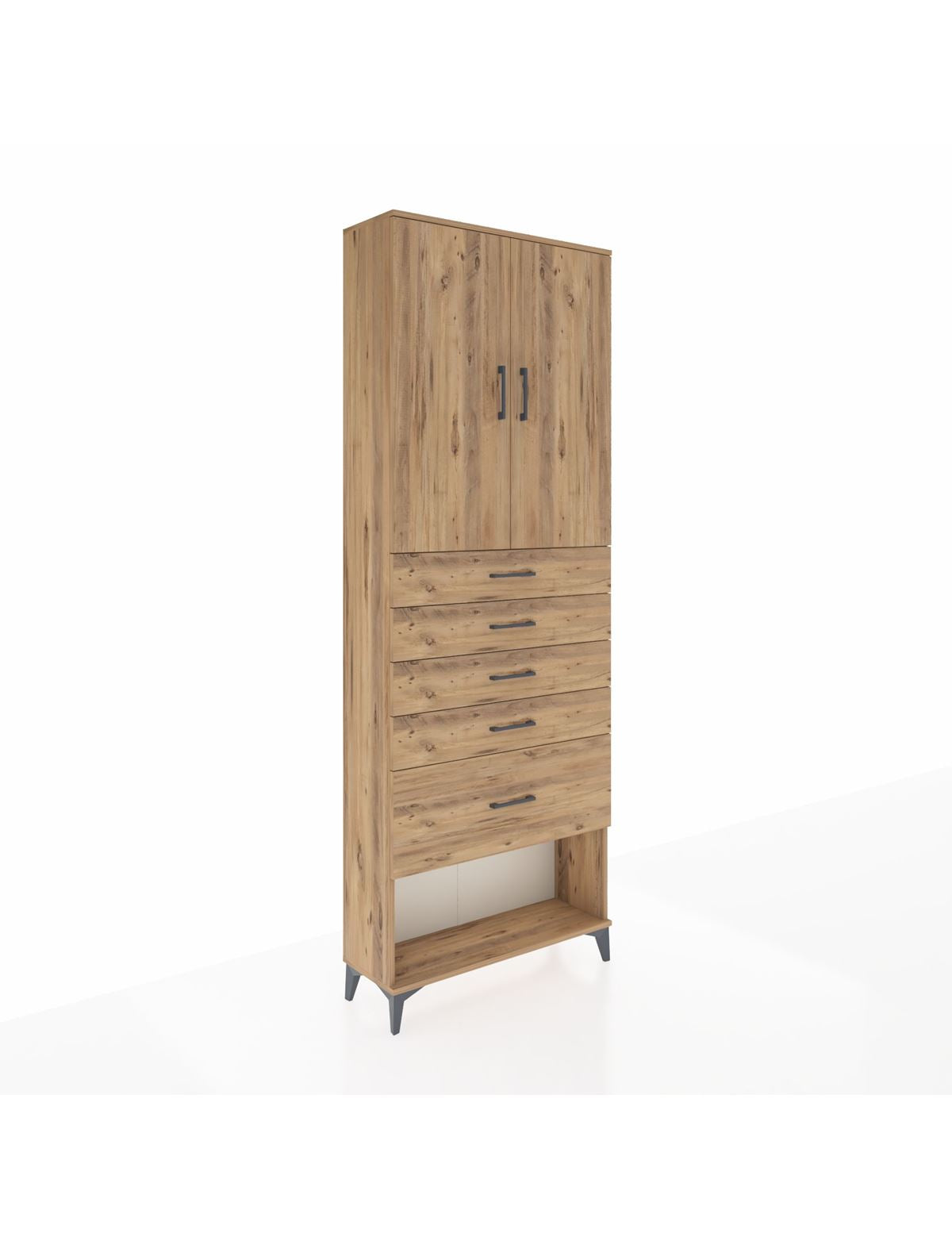 Arges Dolap 2 Raflı 5 Çekmeceli 2 Kapaklı 88x30x243 Çam-Çam