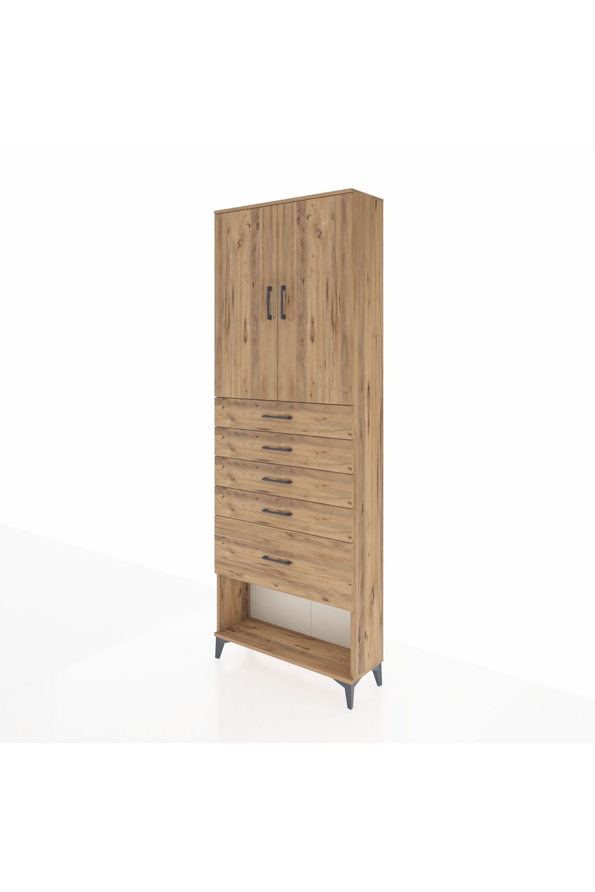 Arges Dolap 2 Raflı 5 Çekmeceli 2 Kapaklı 88x30x243 Çam-Çam