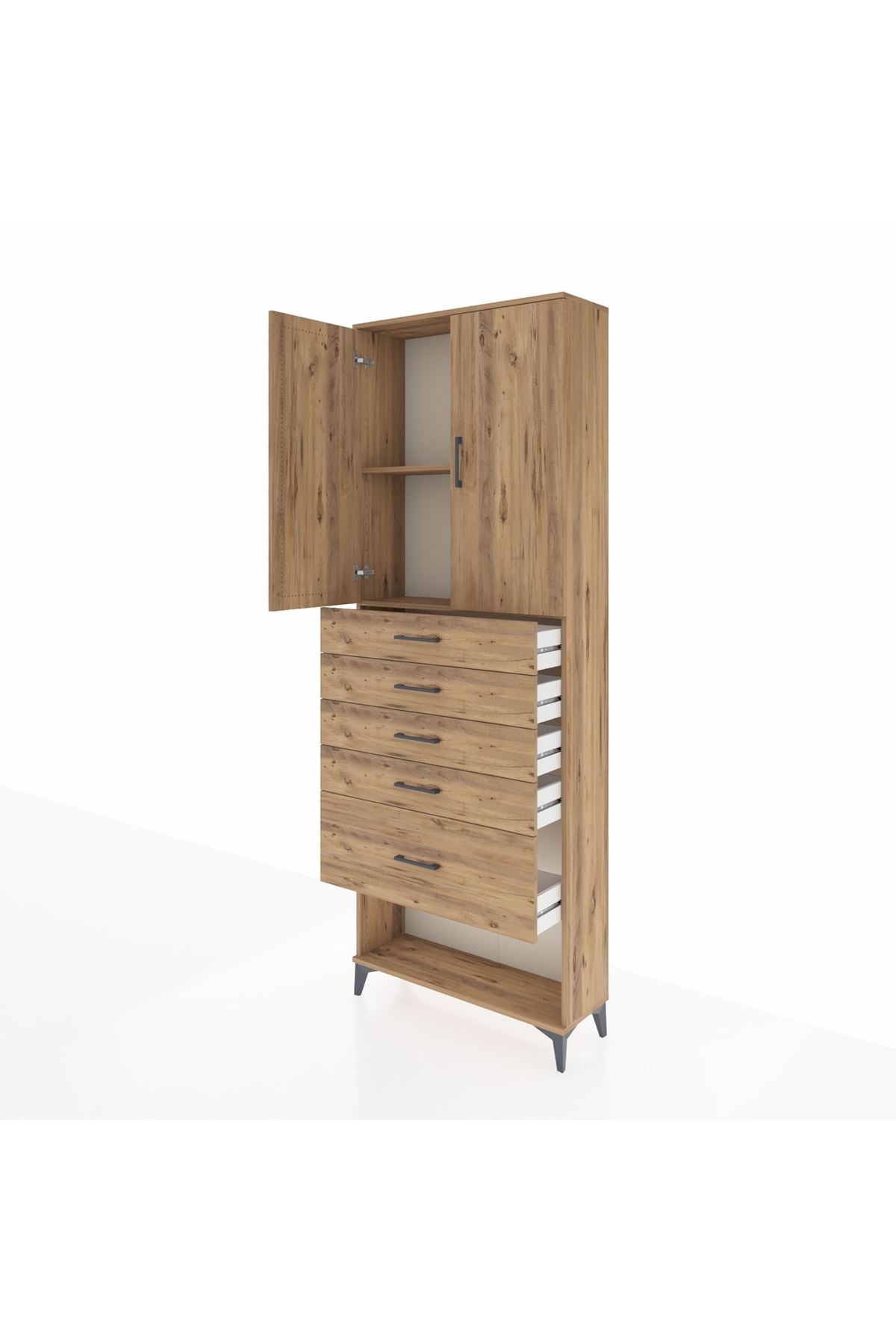 Arges Dolap 2 Raflı 5 Çekmeceli 2 Kapaklı 88x30x243 Çam-Çam