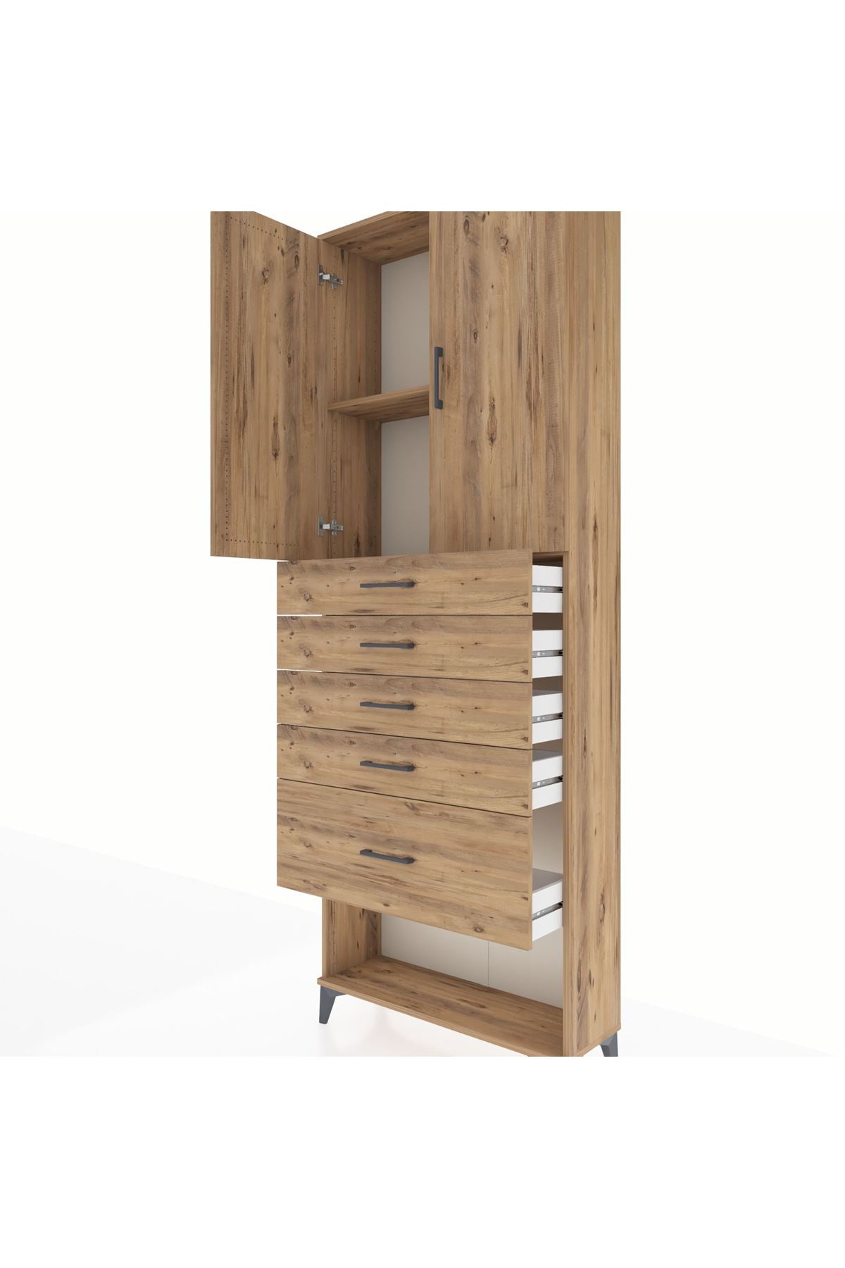 Arges Dolap 2 Raflı 5 Çekmeceli 2 Kapaklı 88x30x243 Çam-Çam