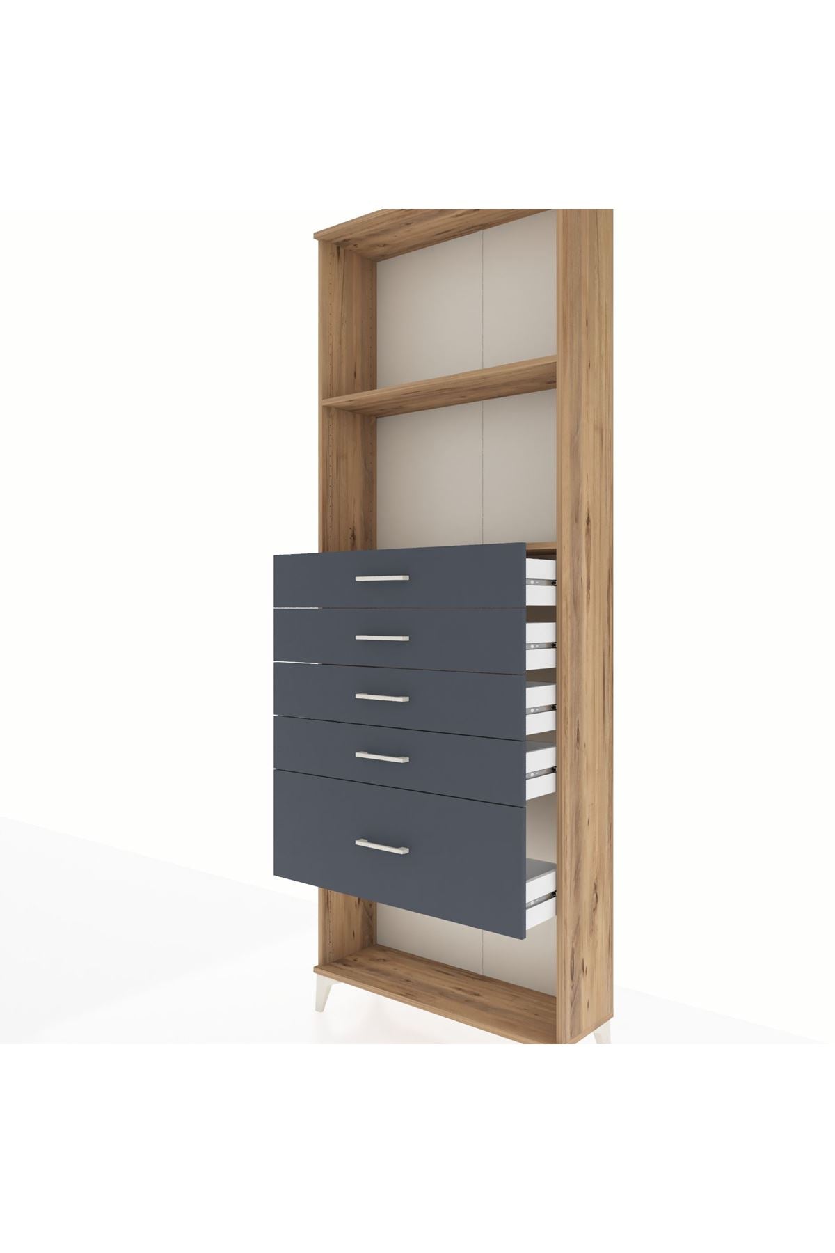 Arges Dolap 2 Raflı 5 Çekmeceli 88x30x243 Çam-Antrasit