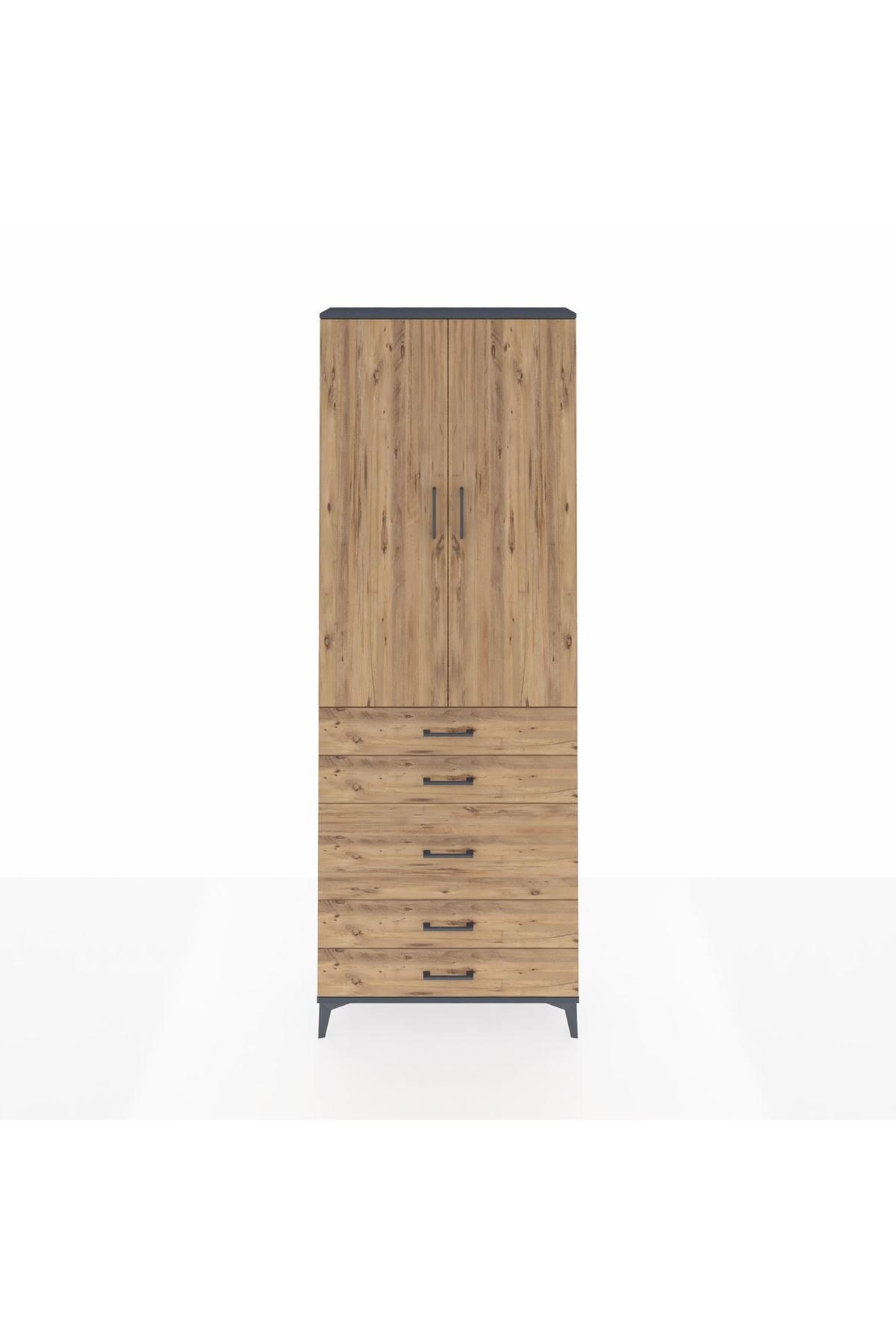 Arges Dolap 4 Raflı 5 Çekmeceli 2 Kapaklı 88x30x243 Antrasit-Çam