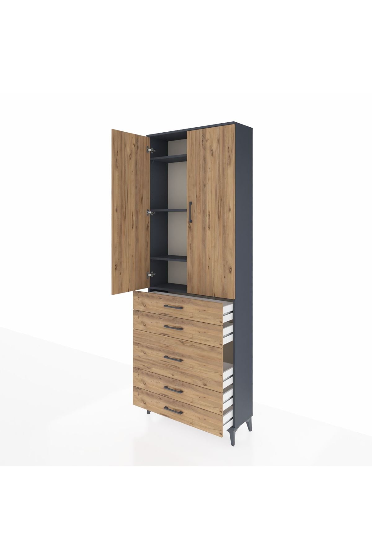 Arges Dolap 4 Raflı 5 Çekmeceli 2 Kapaklı 88x30x243 Antrasit-Çam