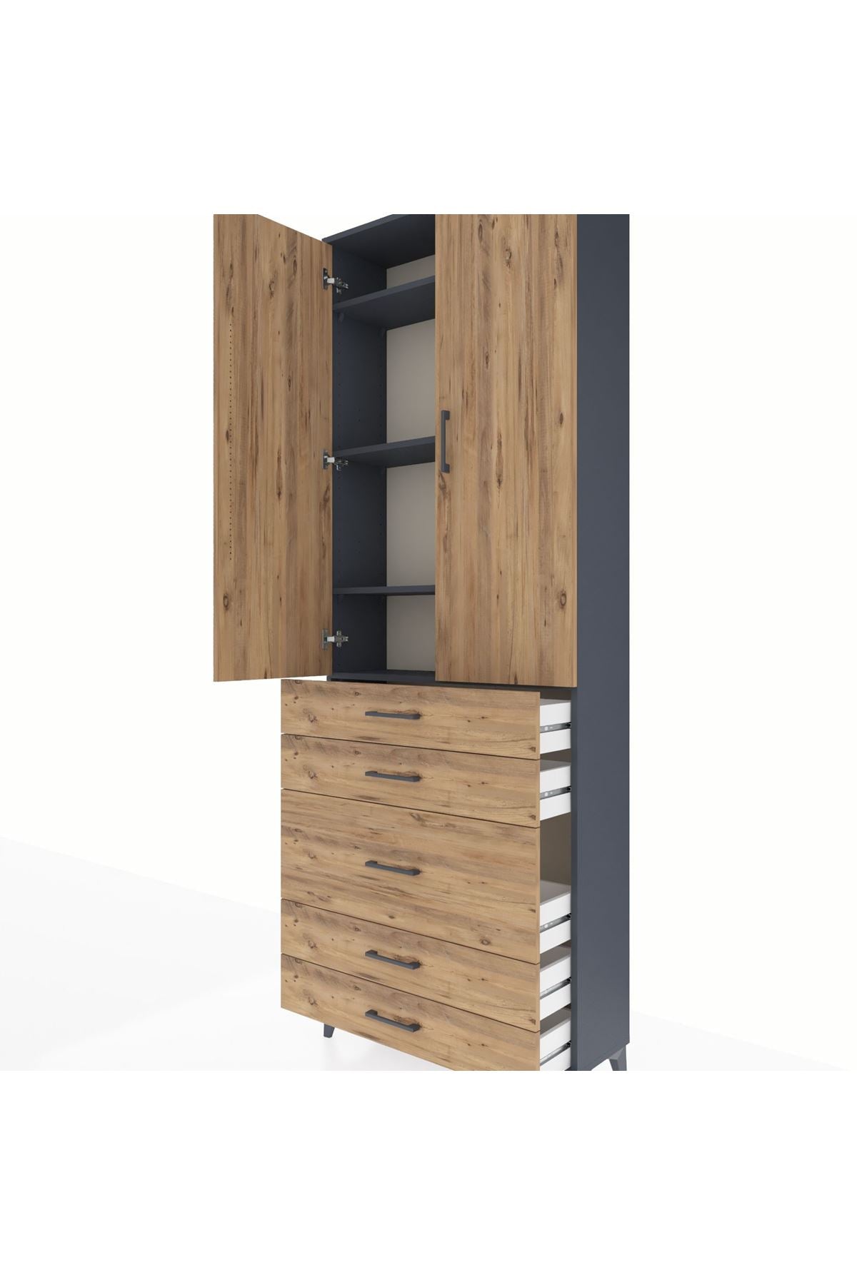 Arges Dolap 4 Raflı 5 Çekmeceli 2 Kapaklı 88x30x243 Antrasit-Çam