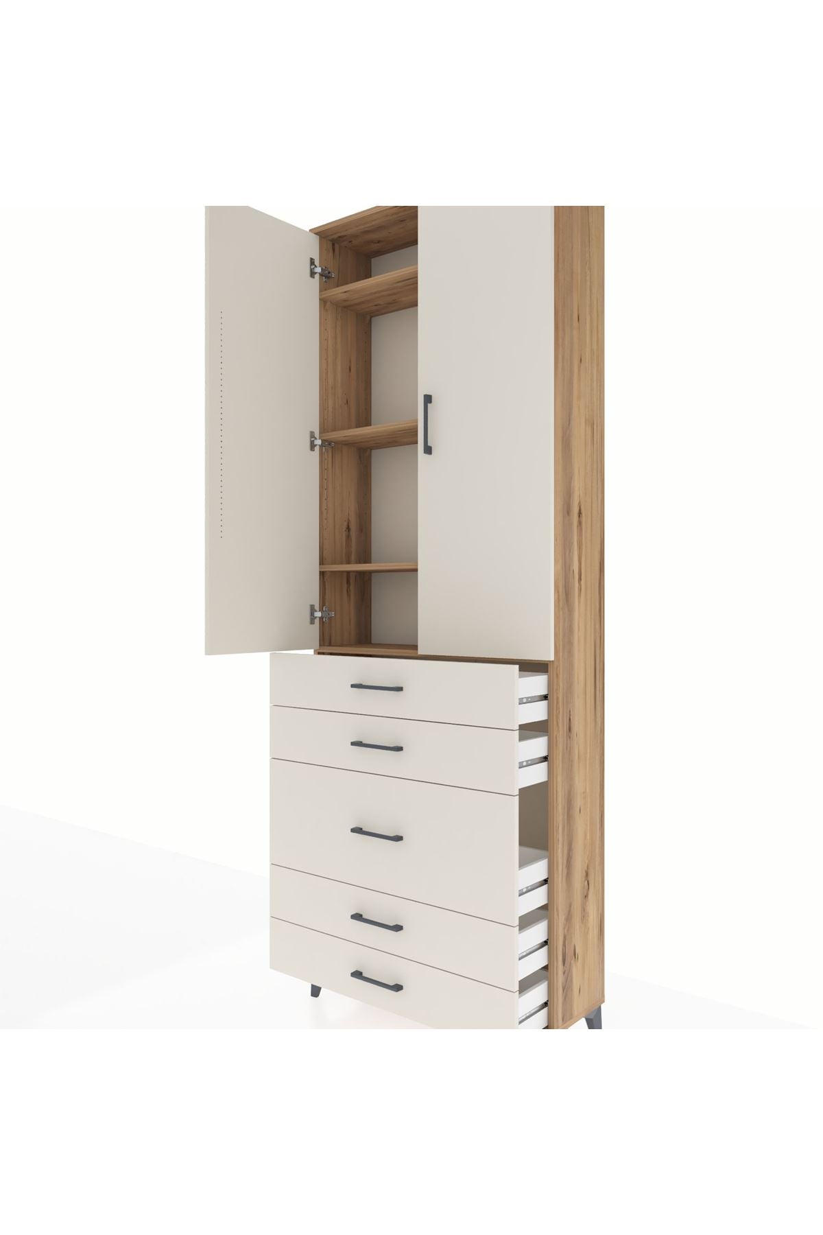Arges Dolap 4 Raflı 5 Çekmeceli 2 Kapaklı 88x30x243 Çam-Aytaşı