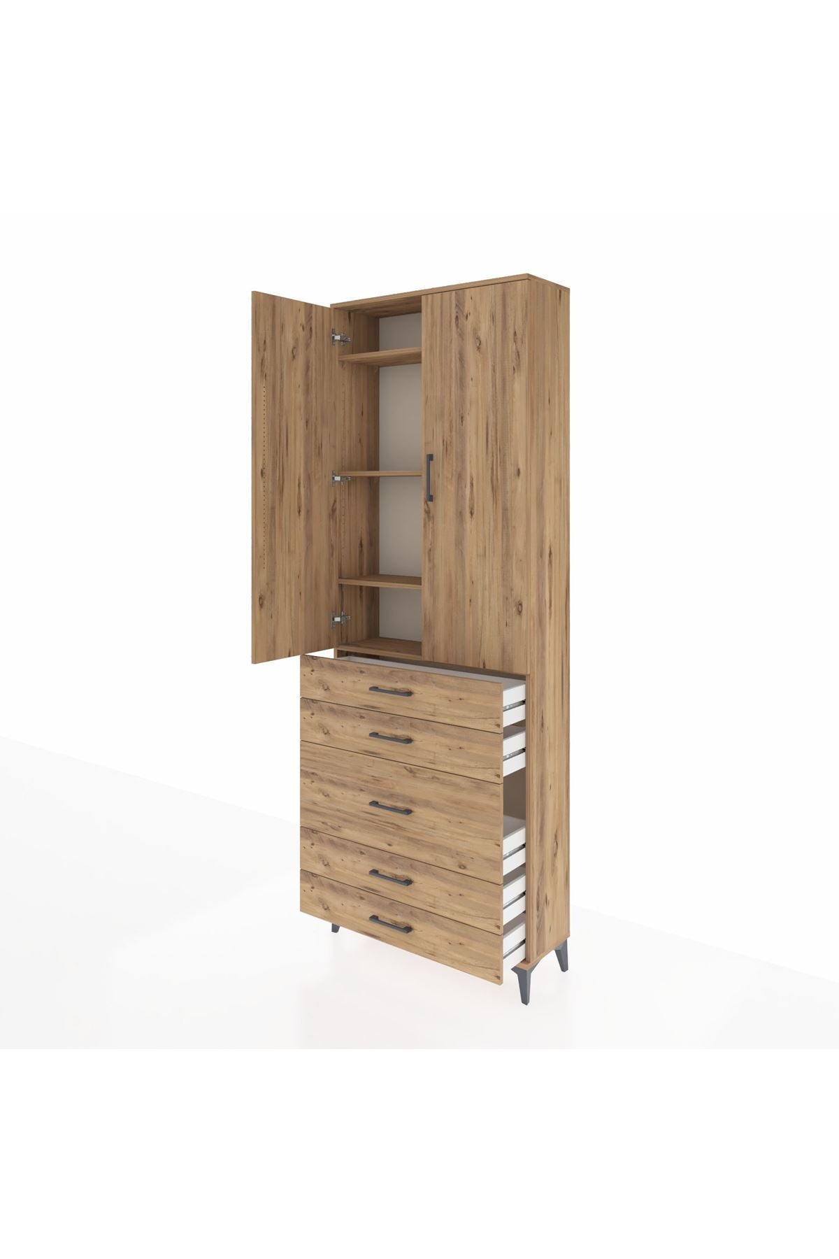 Arges Dolap 4 Raflı 5 Çekmeceli 2 Kapaklı 88x30x243 Çam-Çam