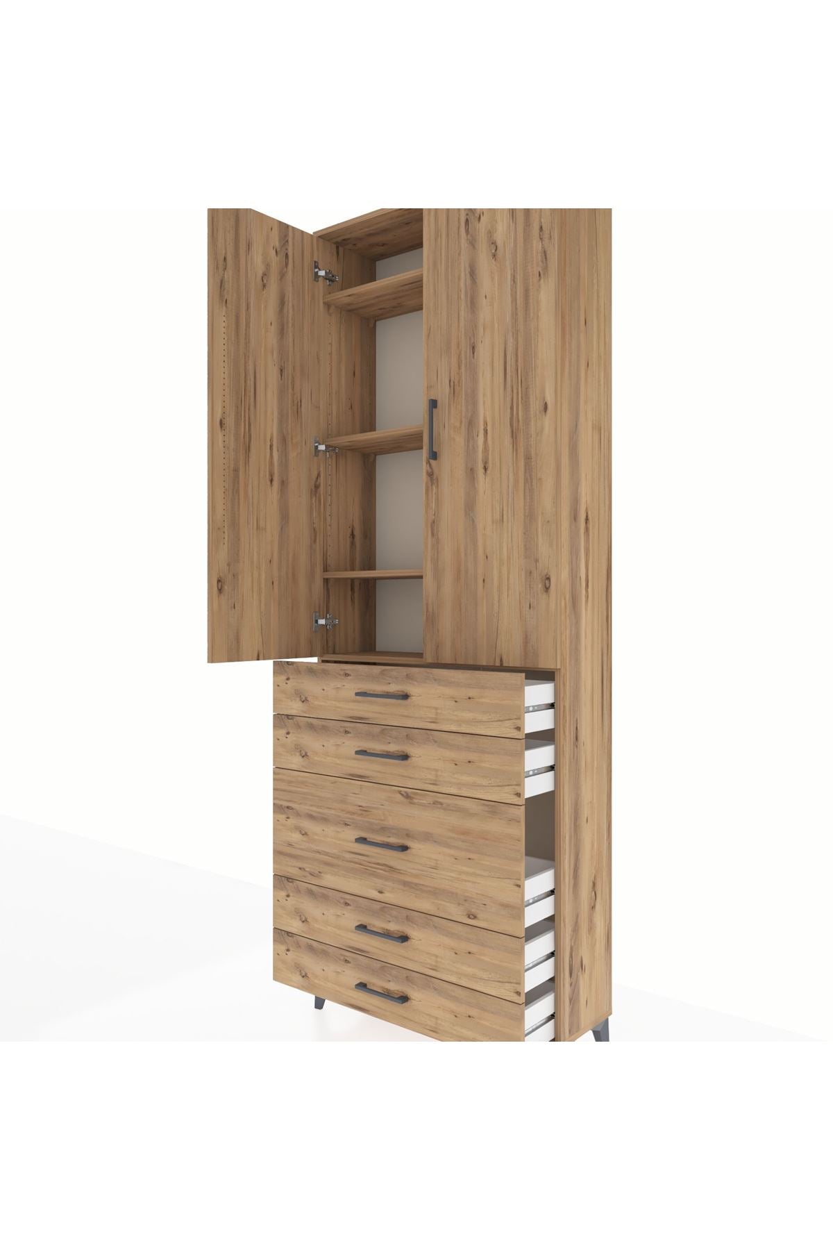 Arges Dolap 4 Raflı 5 Çekmeceli 2 Kapaklı 88x30x243 Çam-Çam