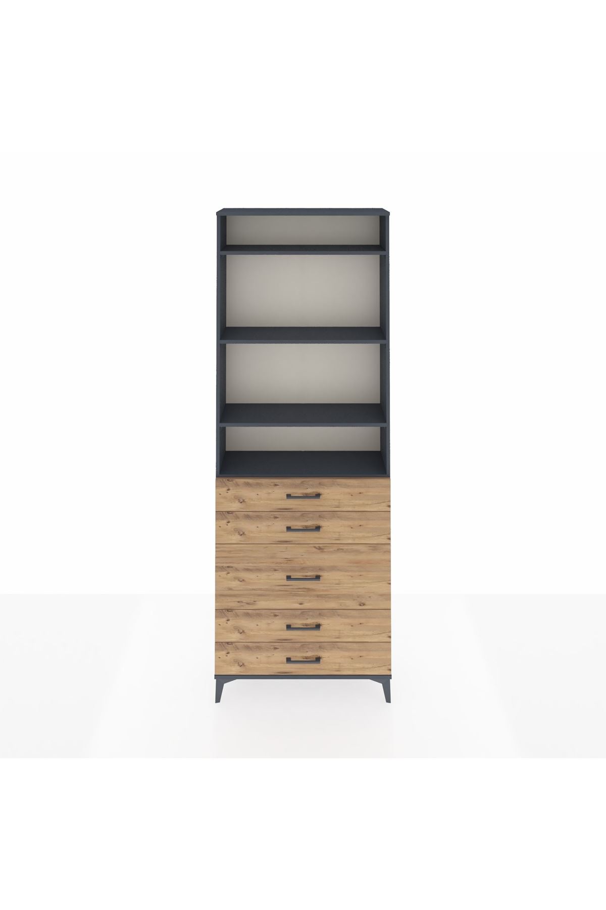 Arges Dolap 4 Raflı 5 Çekmeceli 88x30x243 Antrasit-Çam