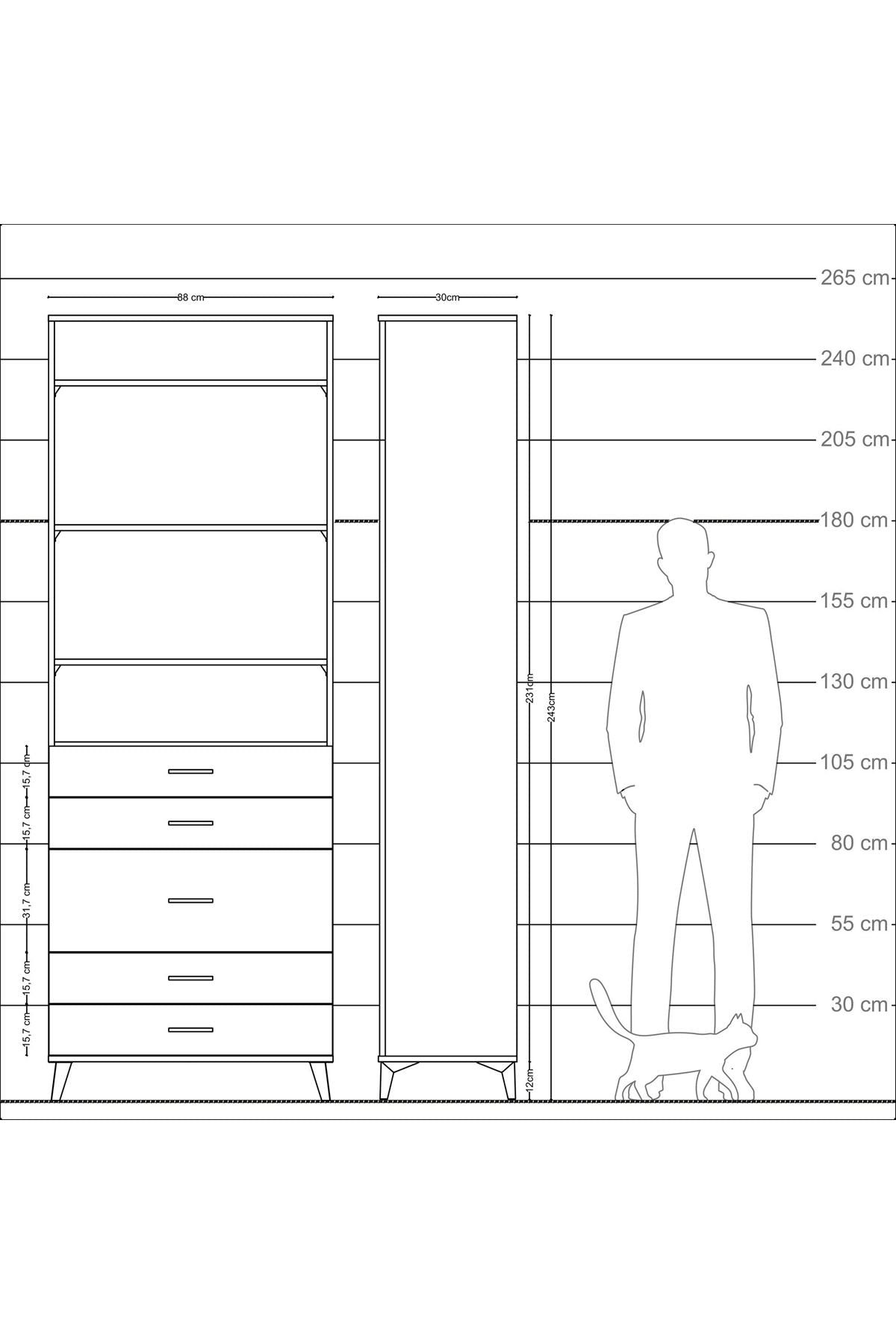 Arges Dolap 4 Raflı 5 Çekmeceli 88x30x243 Antrasit-Çam