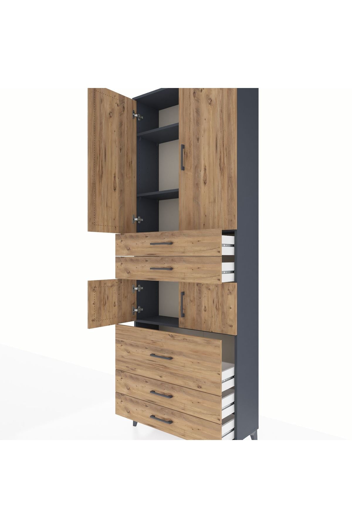 Arges Dolap 4 Raflı 5 Çekmeceli 4 Kapaklı 88x30x243 Antrasit-Çam