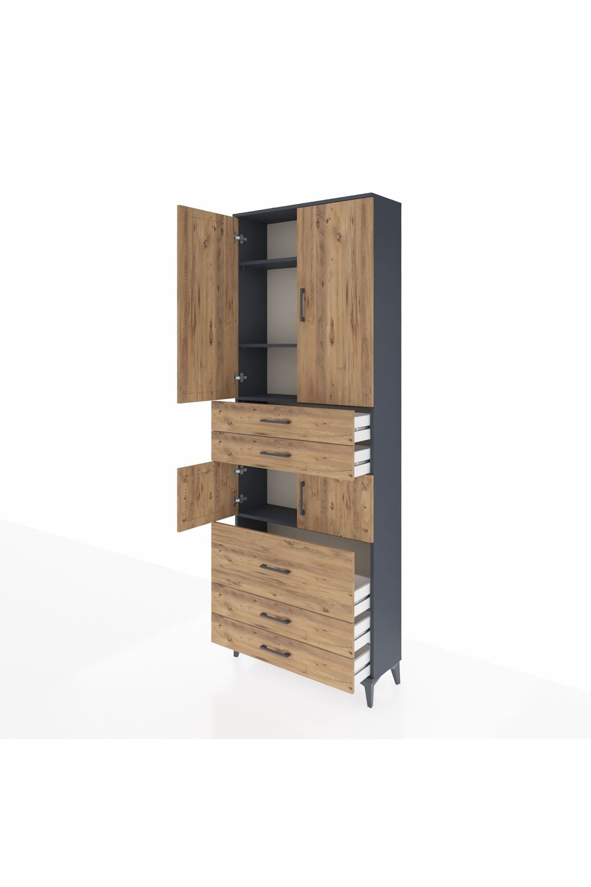 Arges Dolap 4 Raflı 5 Çekmeceli 4 Kapaklı 88x30x243 Antrasit-Çam