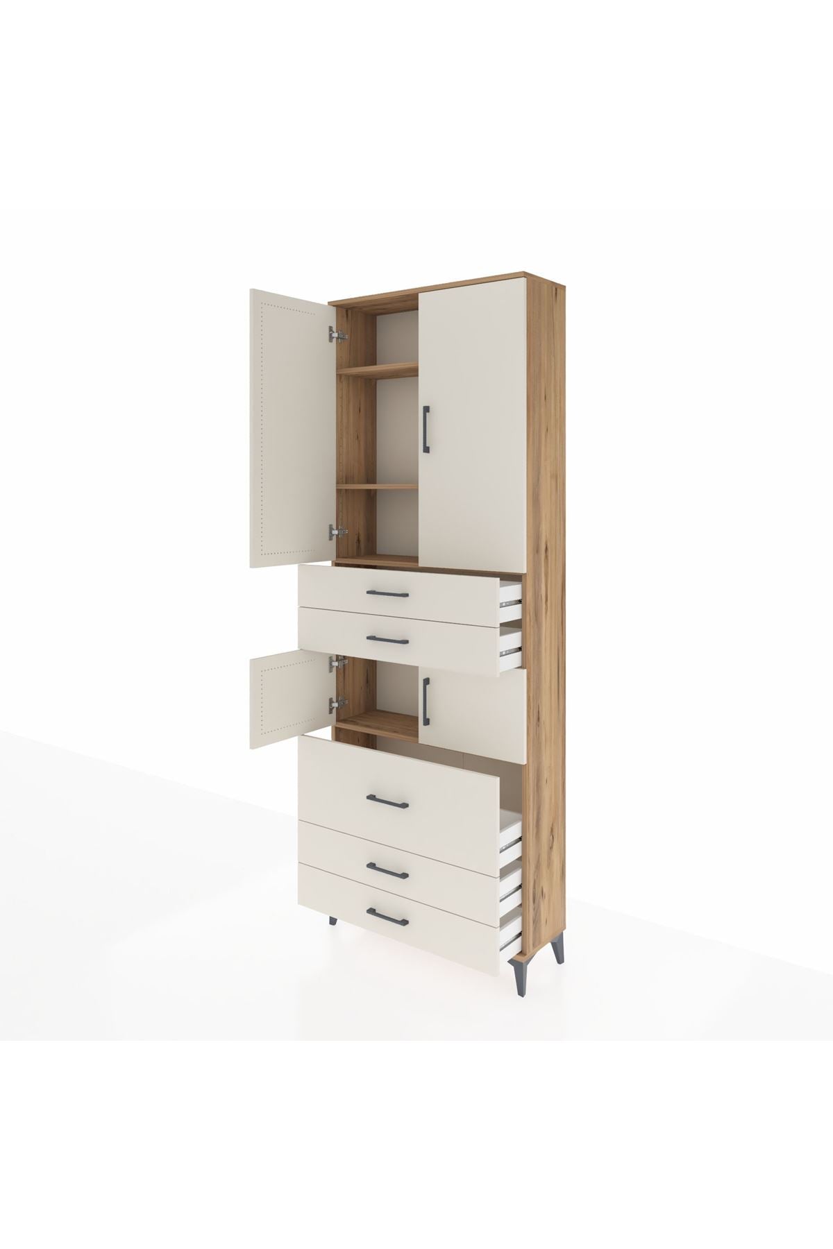 Arges Dolap 4 Raflı 5 Çekmeceli 4 Kapaklı 88x30x243 Çam-Aytaşı