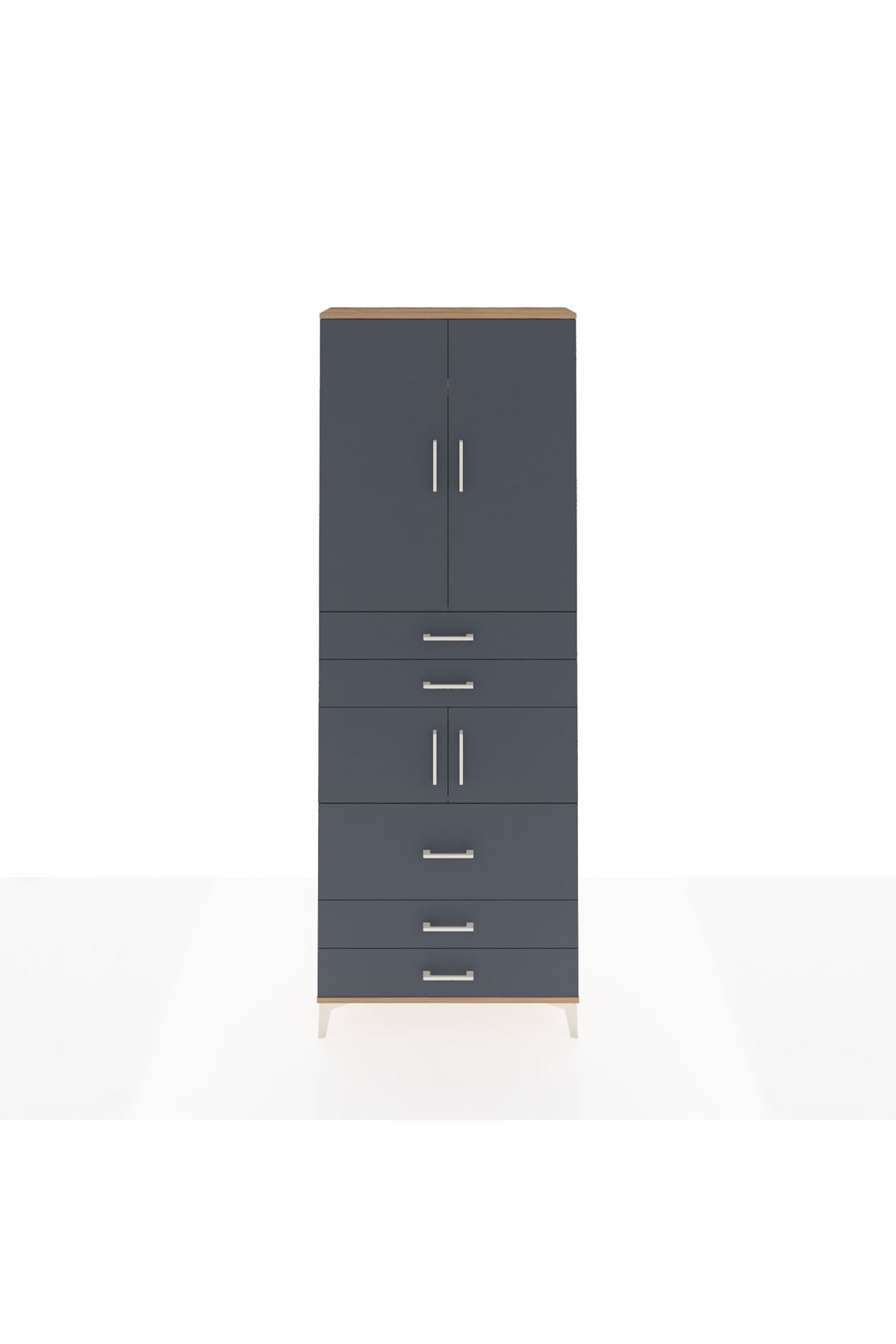 Arges Dolap 4 Raflı 5 Çekmeceli 4 Kapaklı 88x30x243 Çam-Antrasit