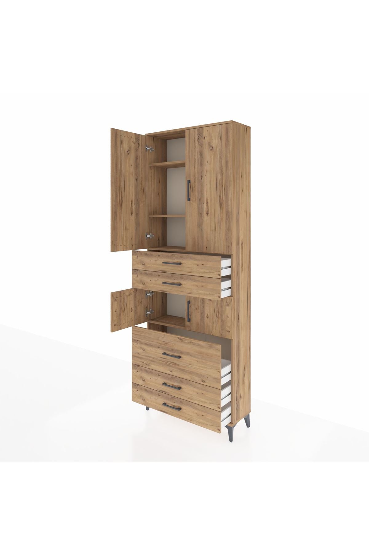 Arges Dolap 4 Raflı 5 Çekmeceli 4 Kapaklı 88x30x243 Çam-Çam