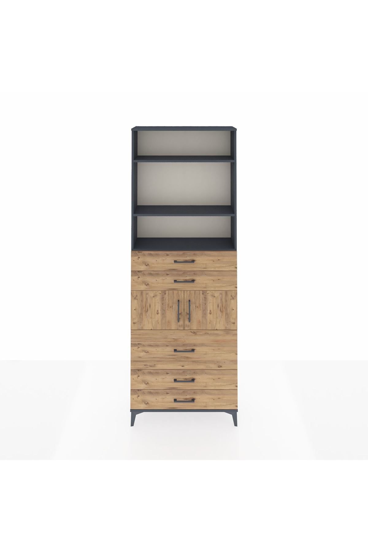 Arges Dolap 4 Raflı 5 Çekmeceli 2 Kapaklı 88x30x243 Antrasit-Çam