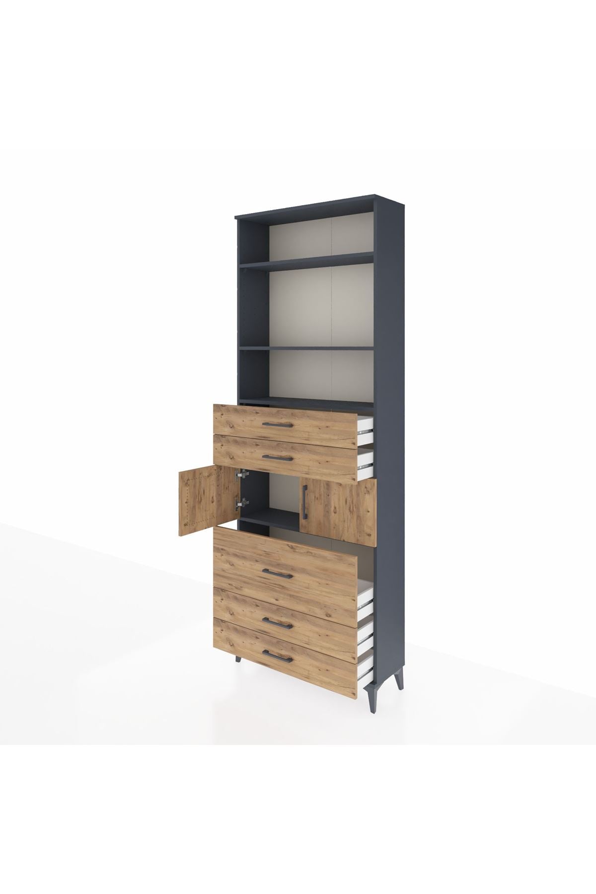 Arges Dolap 4 Raflı 5 Çekmeceli 2 Kapaklı 88x30x243 Antrasit-Çam