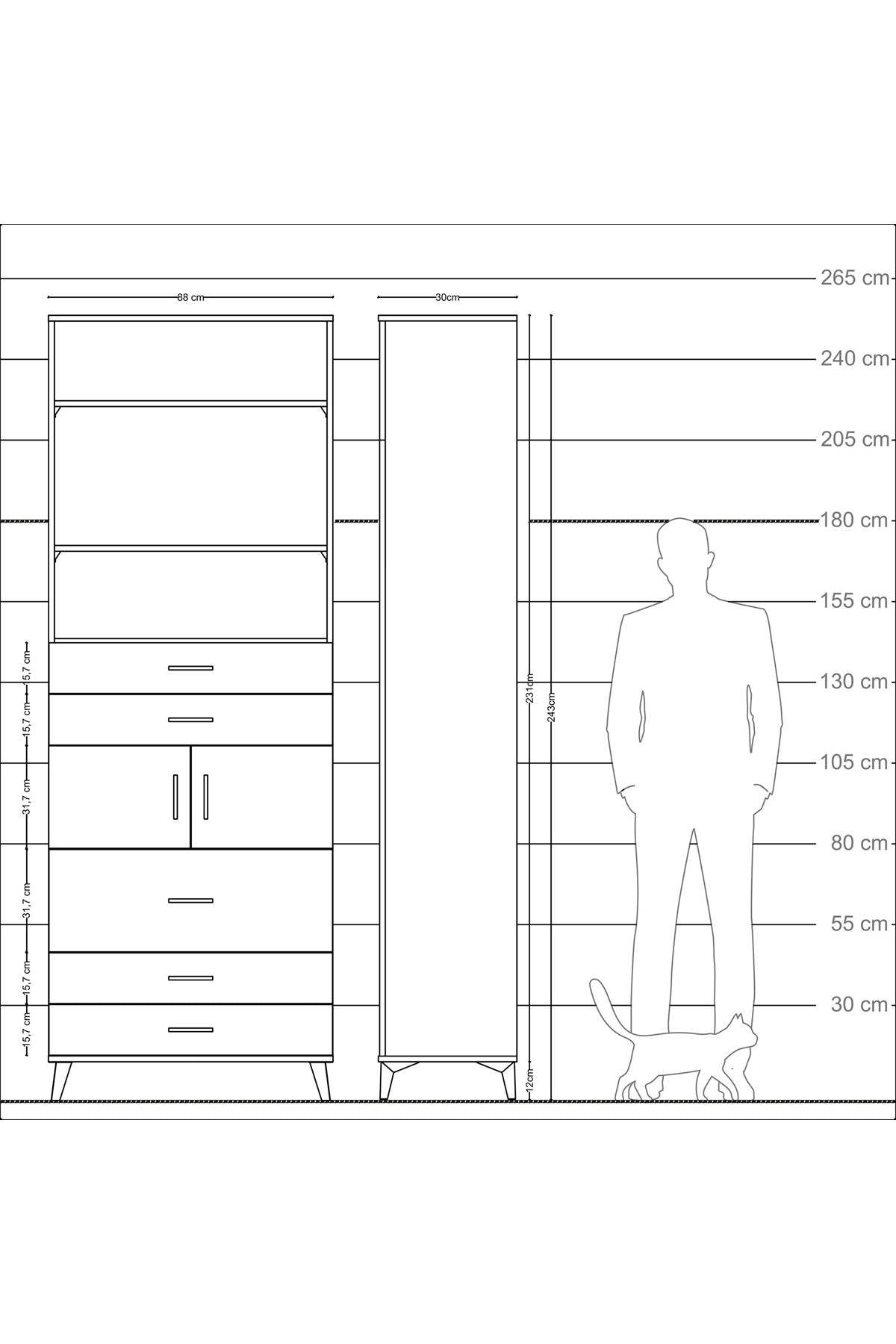 Arges Dolap 4 Raflı 5 Çekmeceli 2 Kapaklı 88x30x243 Çam-Aytaşı