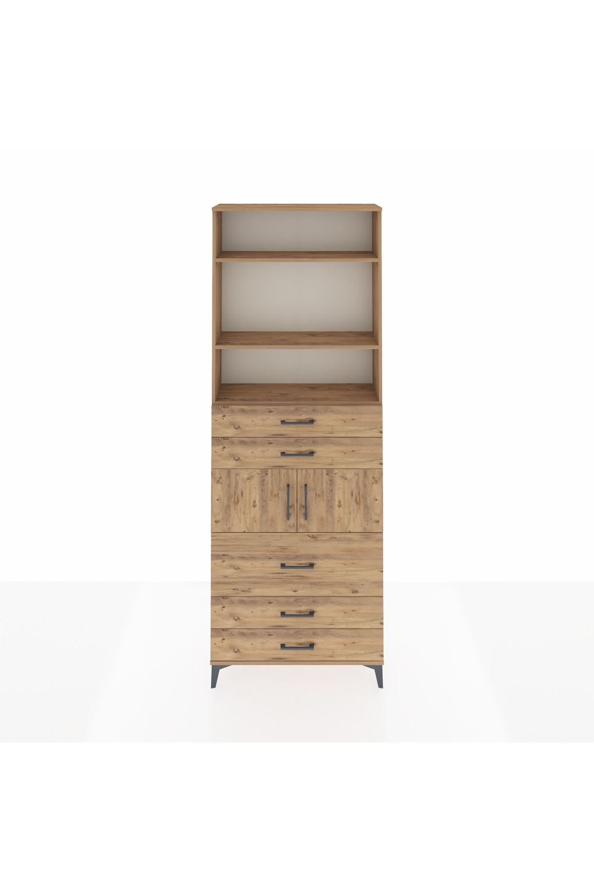 Arges Dolap 4 Raflı 5 Çekmeceli 2 Kapaklı 88x30x243 Çam-Çam