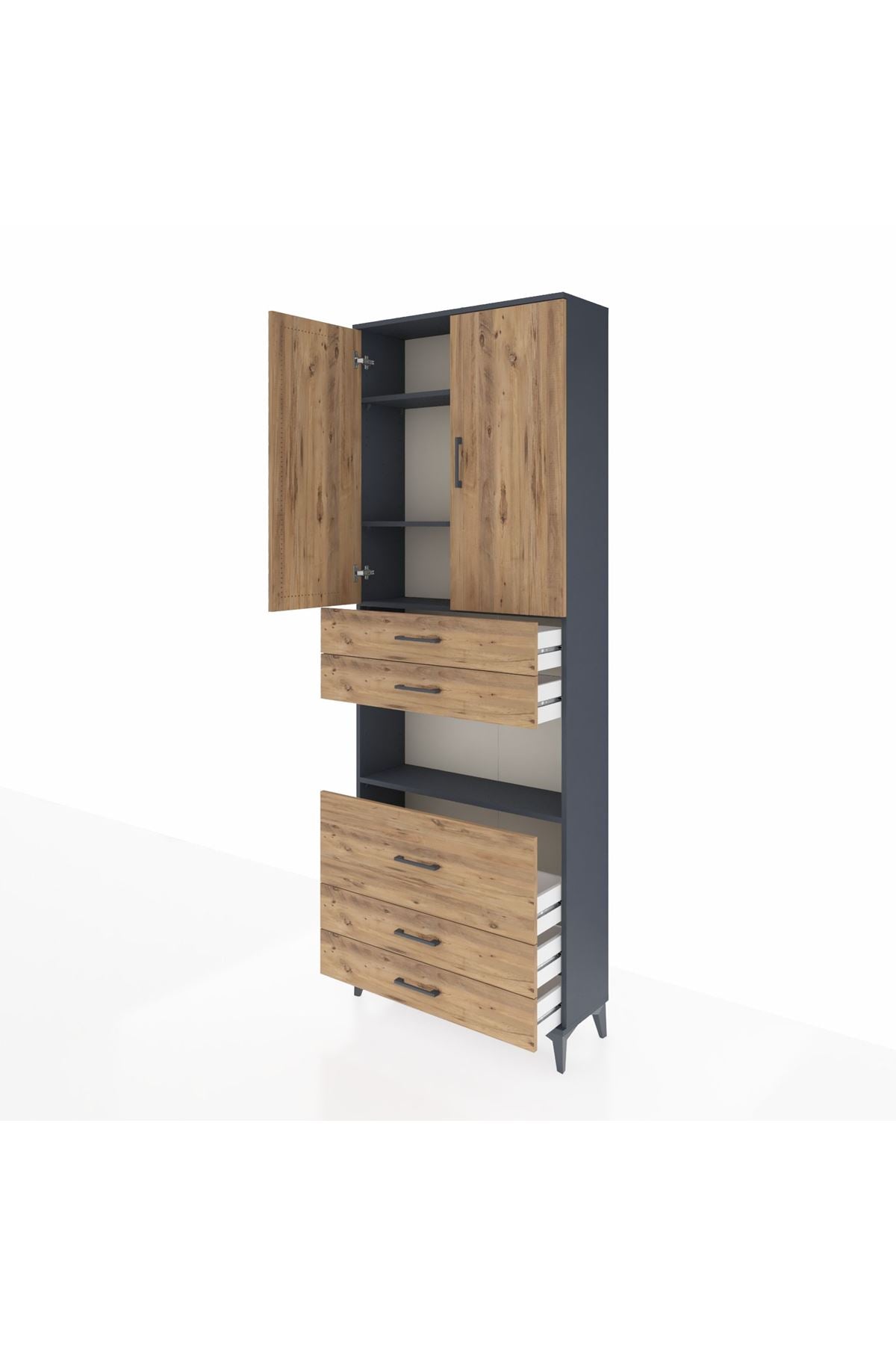 Arges Dolap 4 Raflı 5 Çekmeceli 2 Kapaklı 88x30x243 Antrasit-Çam