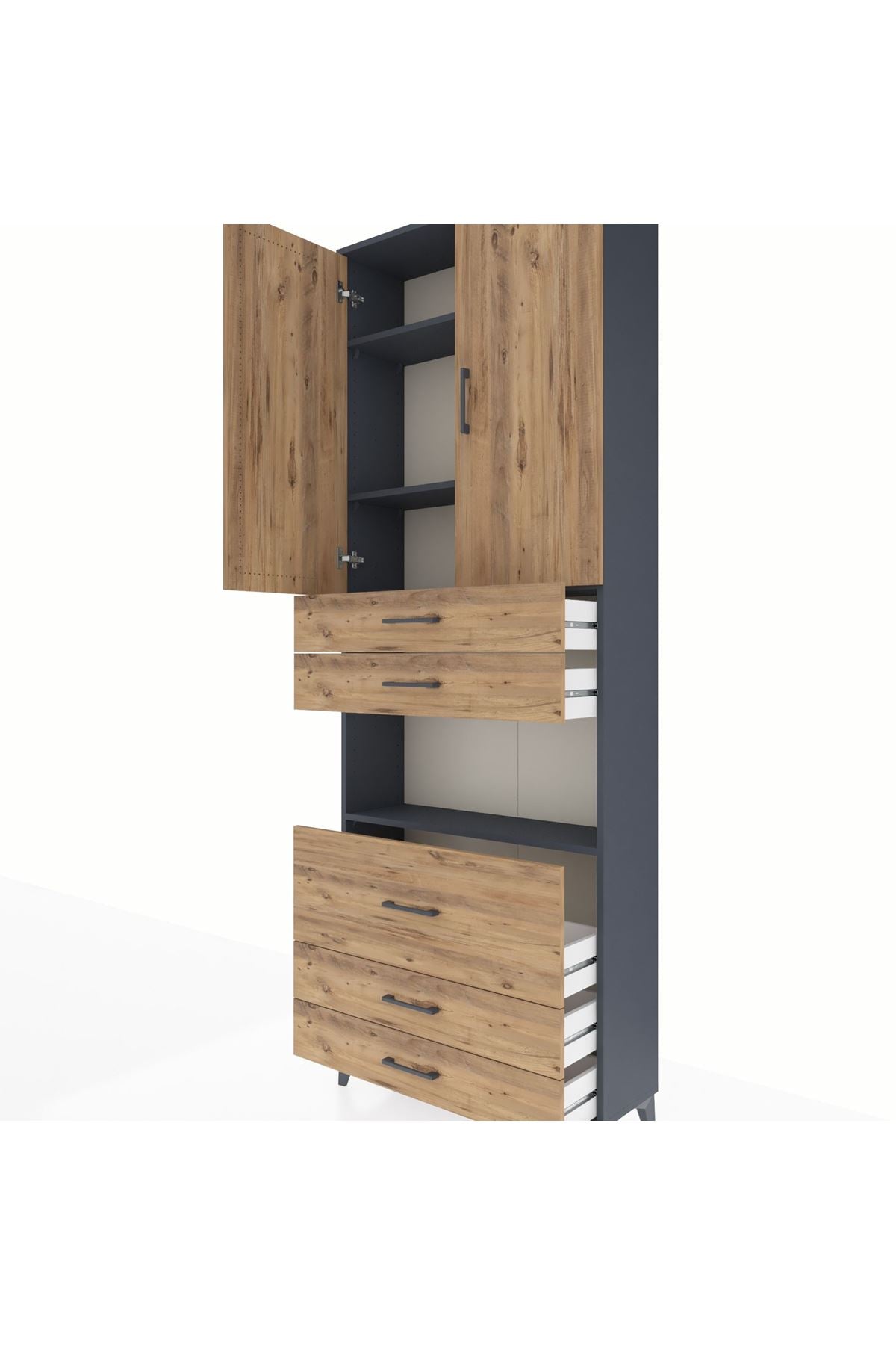 Arges Dolap 4 Raflı 5 Çekmeceli 2 Kapaklı 88x30x243 Antrasit-Çam