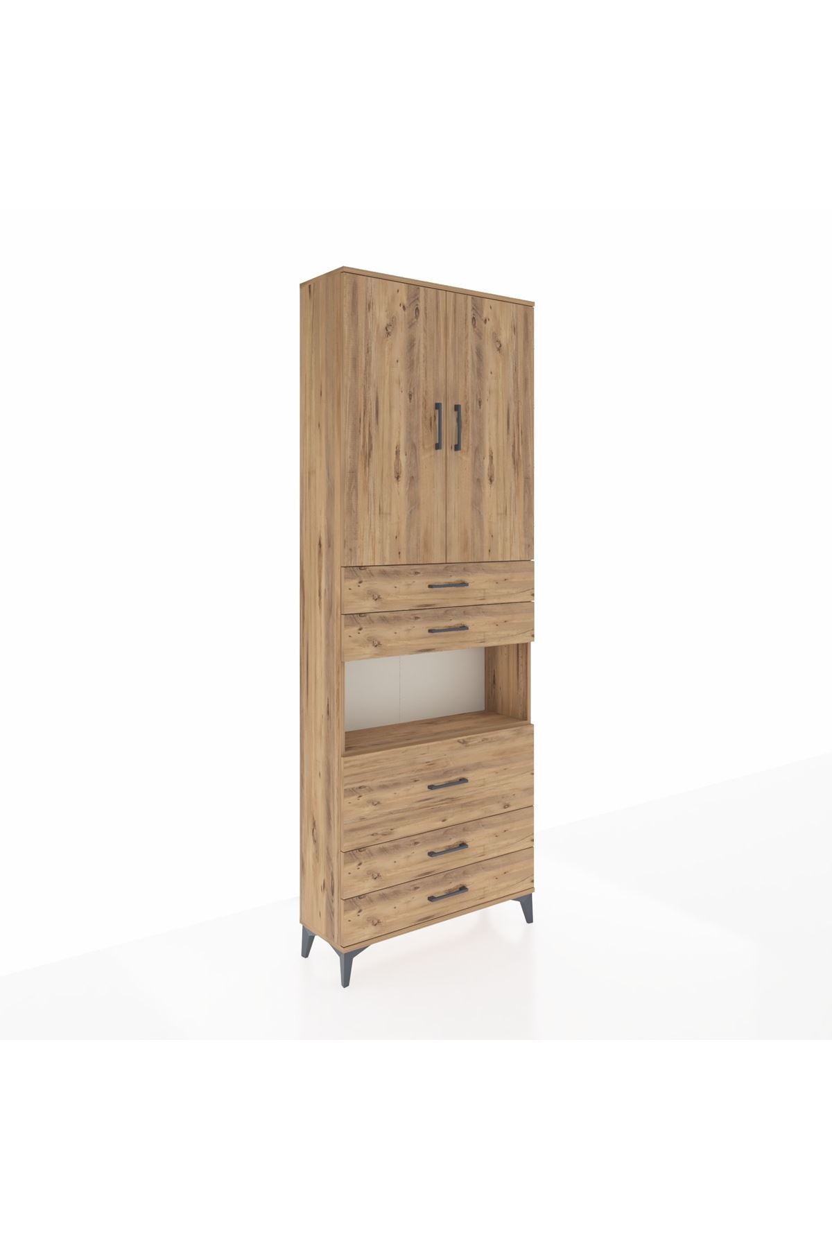 Arges Dolap 4 Raflı 5 Çekmeceli 2 Kapaklı 88x30x243 Çam-Çam