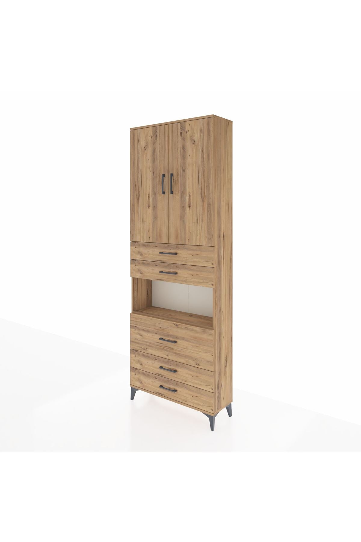 Arges Dolap 4 Raflı 5 Çekmeceli 2 Kapaklı 88x30x243 Çam-Çam