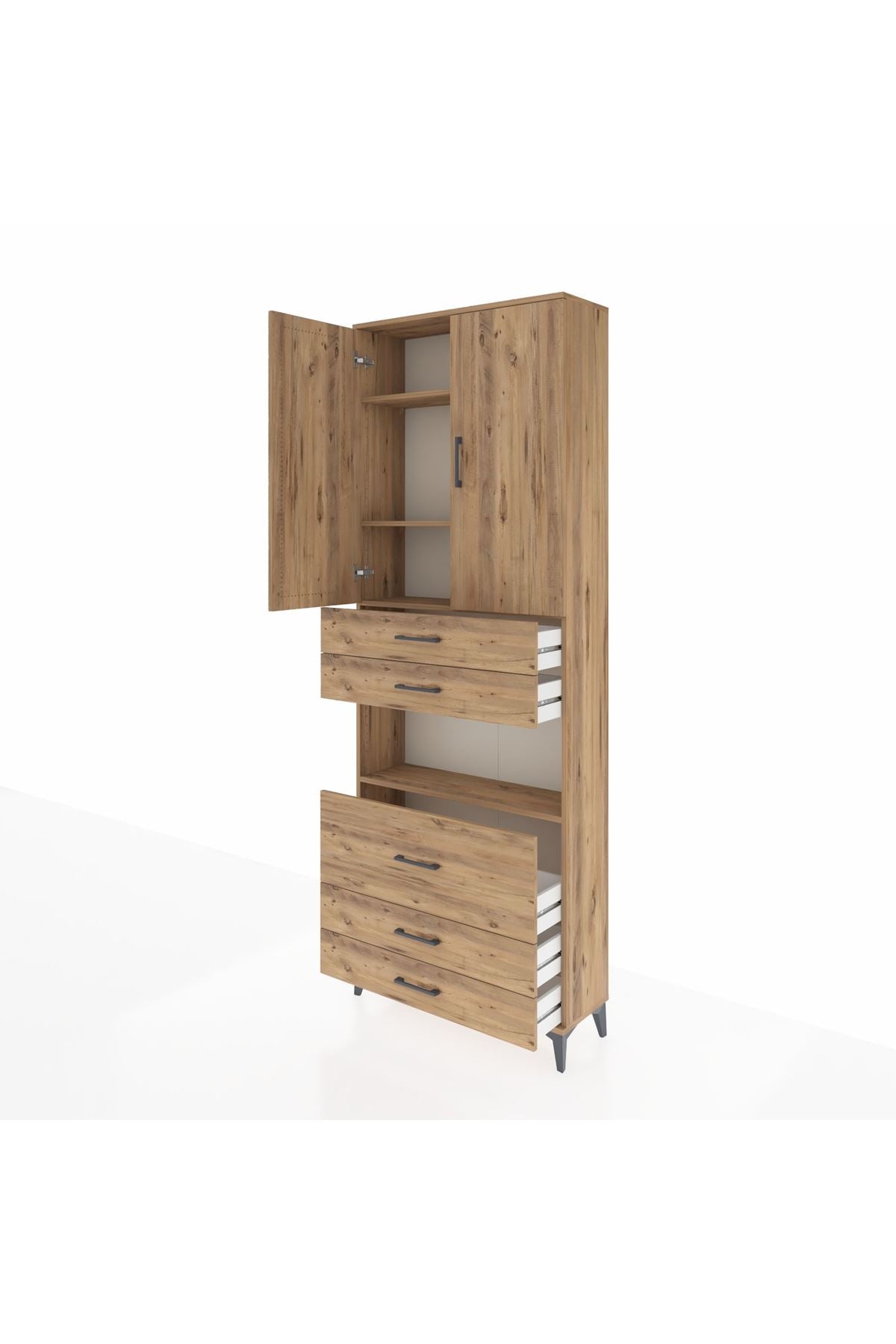 Arges Dolap 4 Raflı 5 Çekmeceli 2 Kapaklı 88x30x243 Çam-Çam