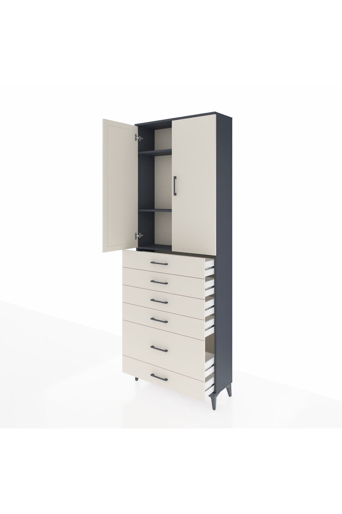 Arges Dolap 3 Raflı 6 Çekmeceli 2 Kapaklı 88x30x243 Antrasit-Aytaşı