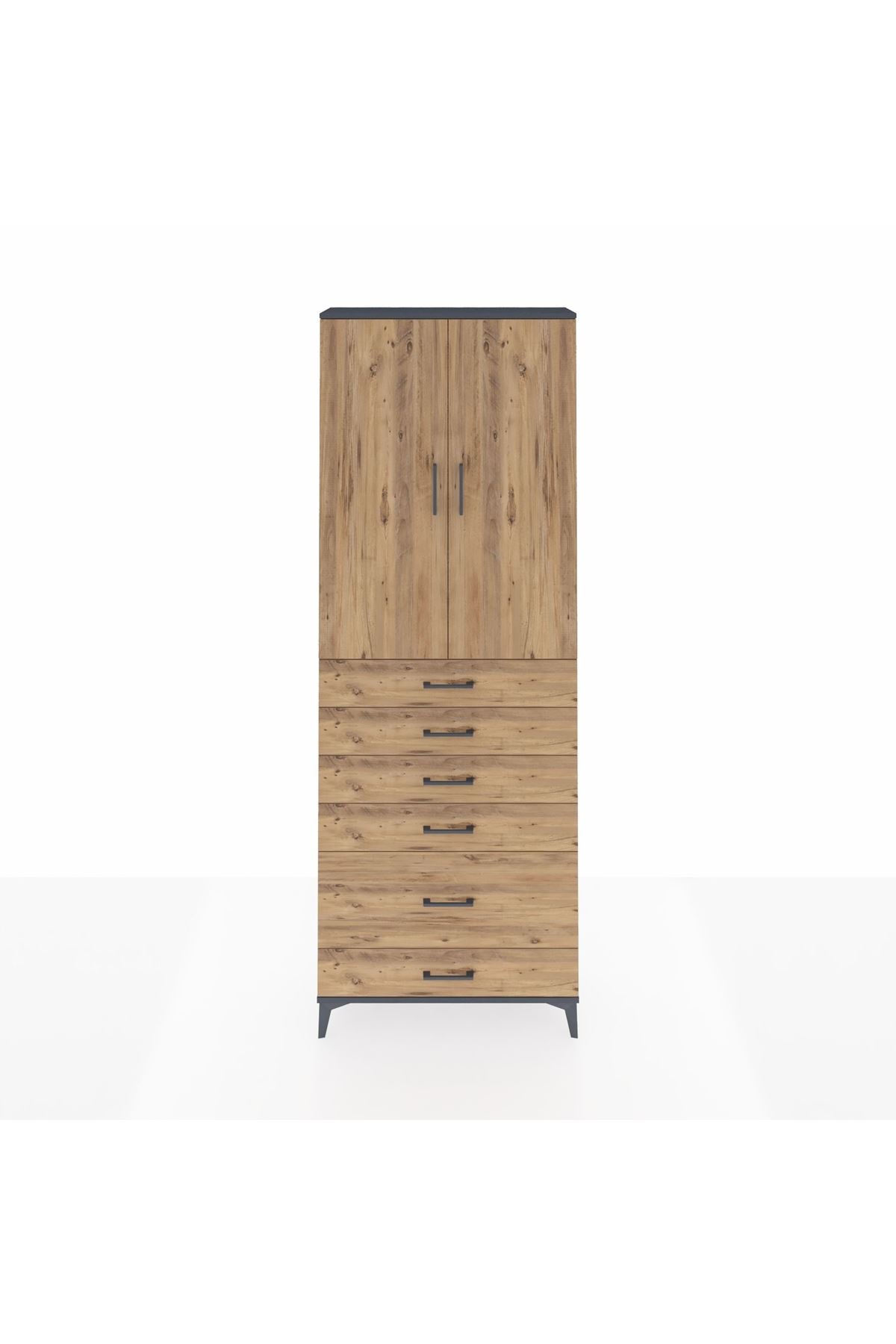 Arges Dolap 3 Raflı 6 Çekmeceli 2 Kapaklı 88x30x243 Antrasit-Çam