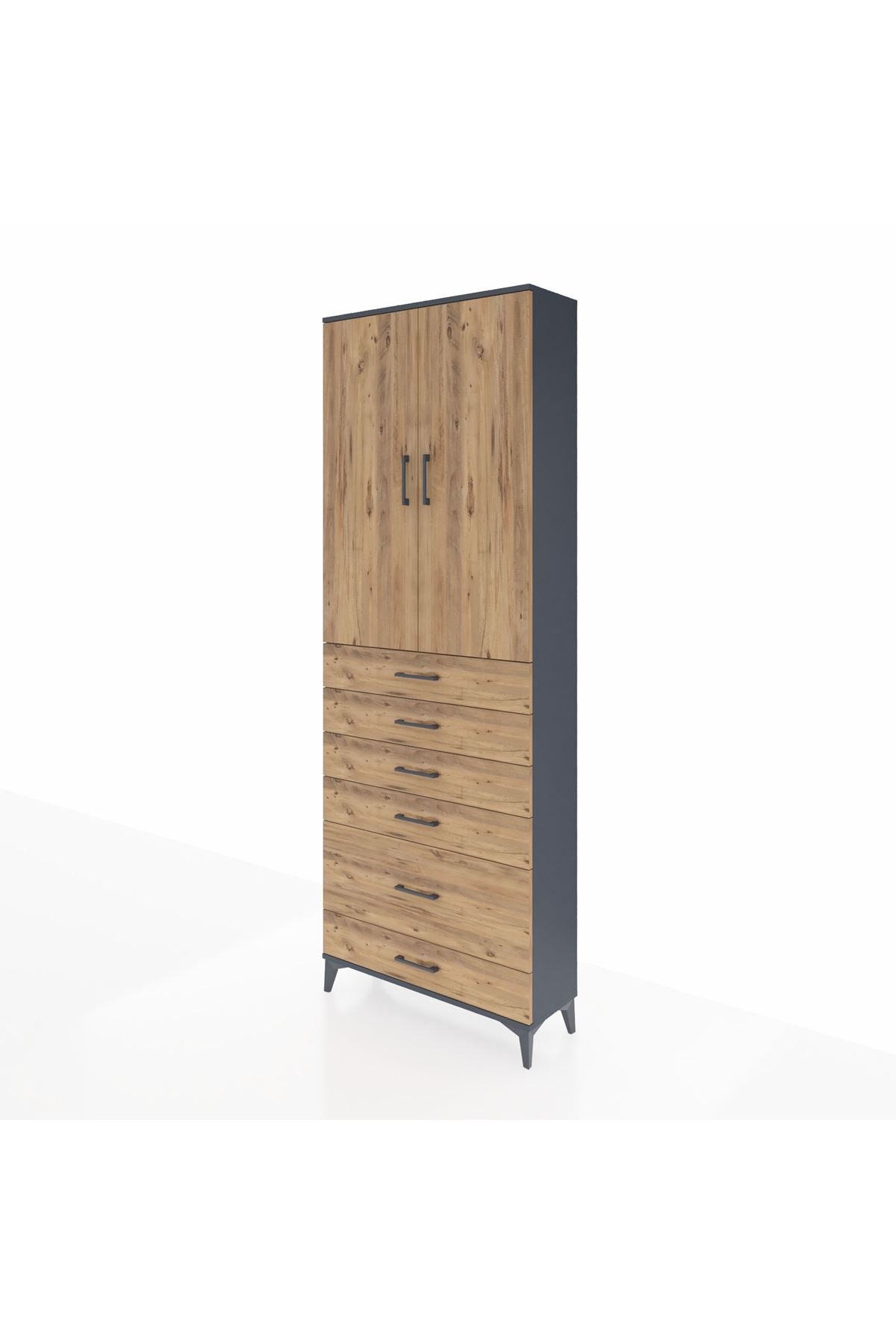 Arges Dolap 3 Raflı 6 Çekmeceli 2 Kapaklı 88x30x243 Antrasit-Çam