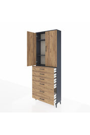 Arges Dolap 3 Raflı 6 Çekmeceli 2 Kapaklı 88x30x243 Antrasit-Çam