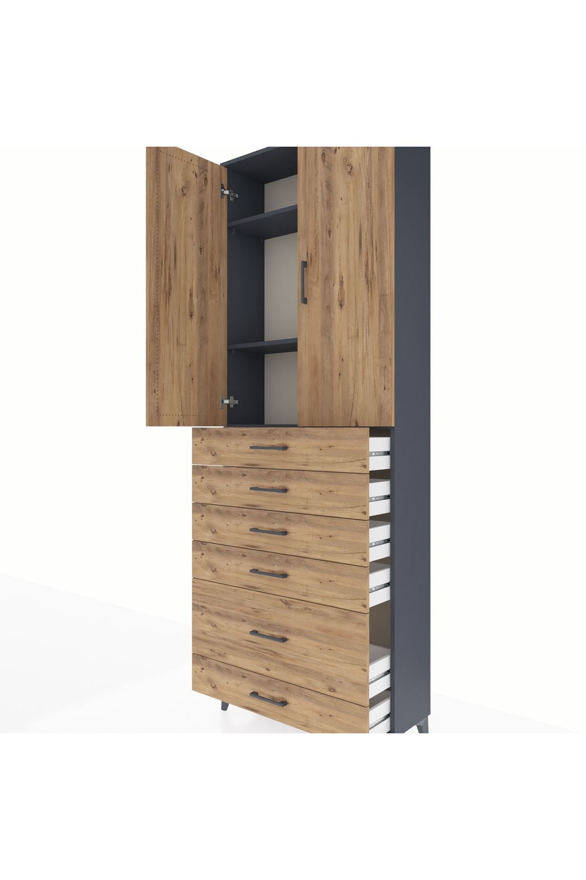 Arges Dolap 3 Raflı 6 Çekmeceli 2 Kapaklı 88x30x243 Antrasit-Çam