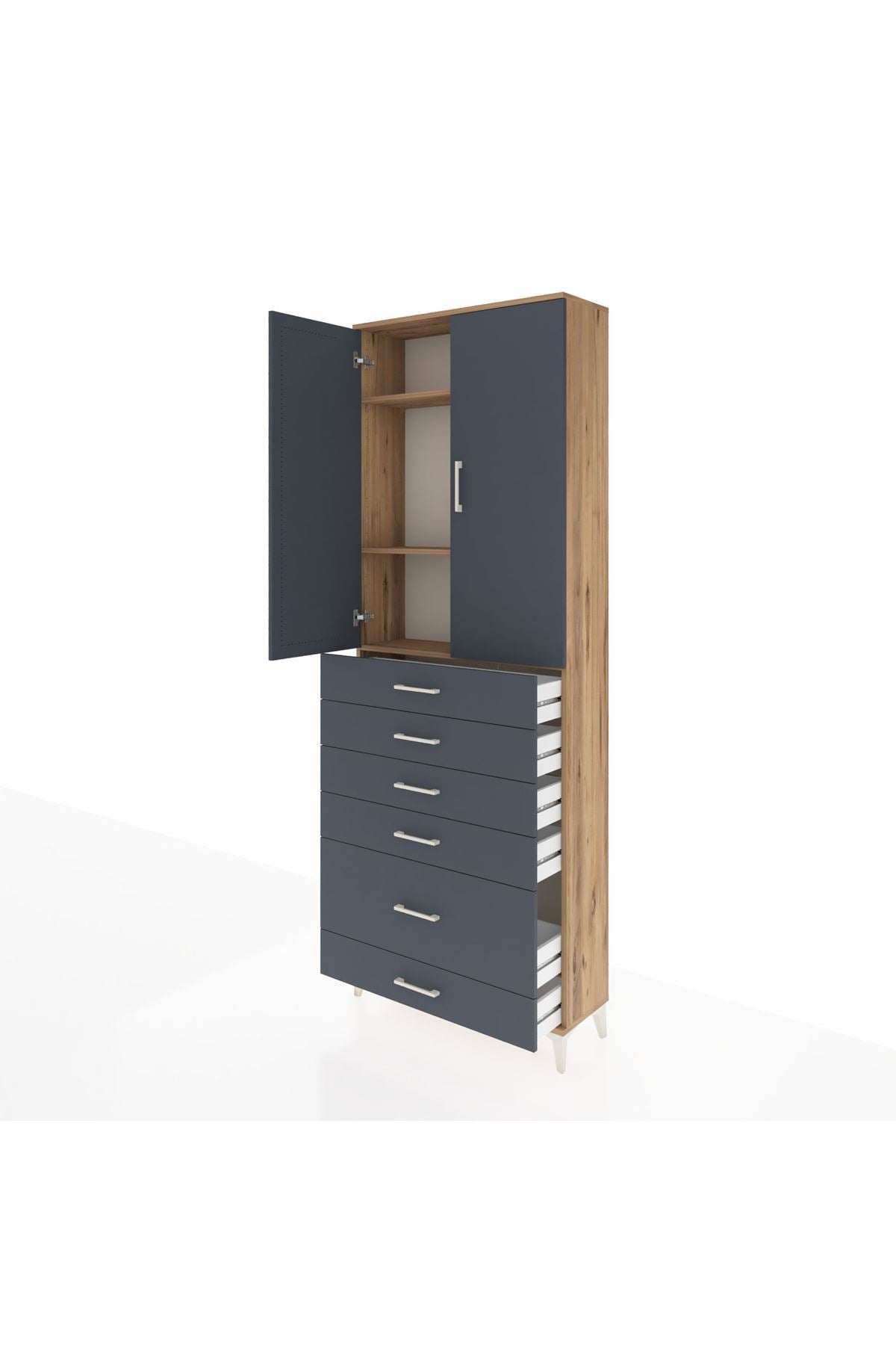 Arges Dolap 3 Raflı 6 Çekmeceli 2 Kapaklı 88x30x243 Çam-Antrasit