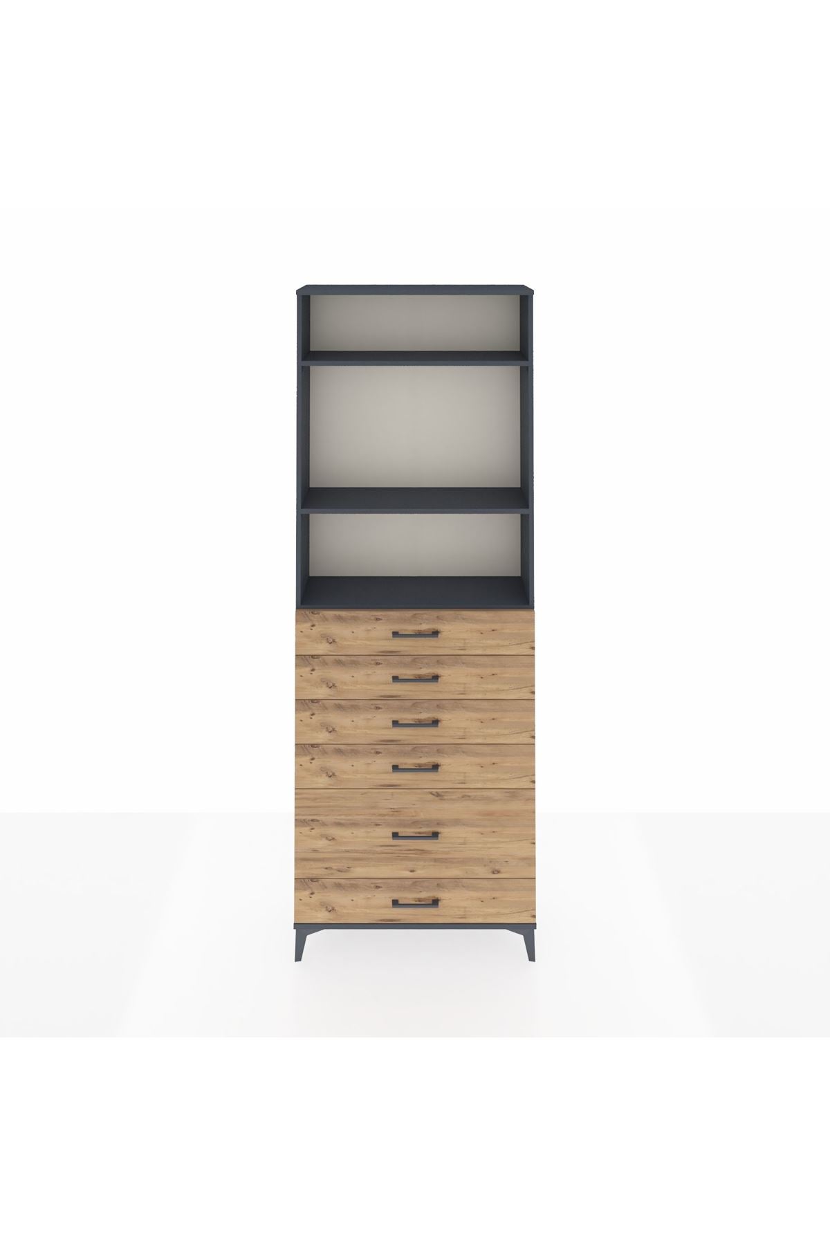 Arges Dolap 3 Raflı 6 Çekmeceli 88x30x243 Antrasit-Çam