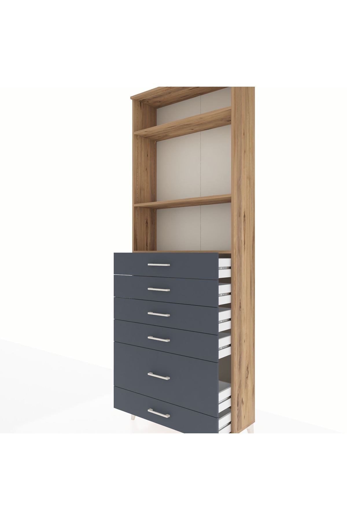 Arges Dolap 3 Raflı 6 Çekmeceli 88x30x243 Çam-Antrasit