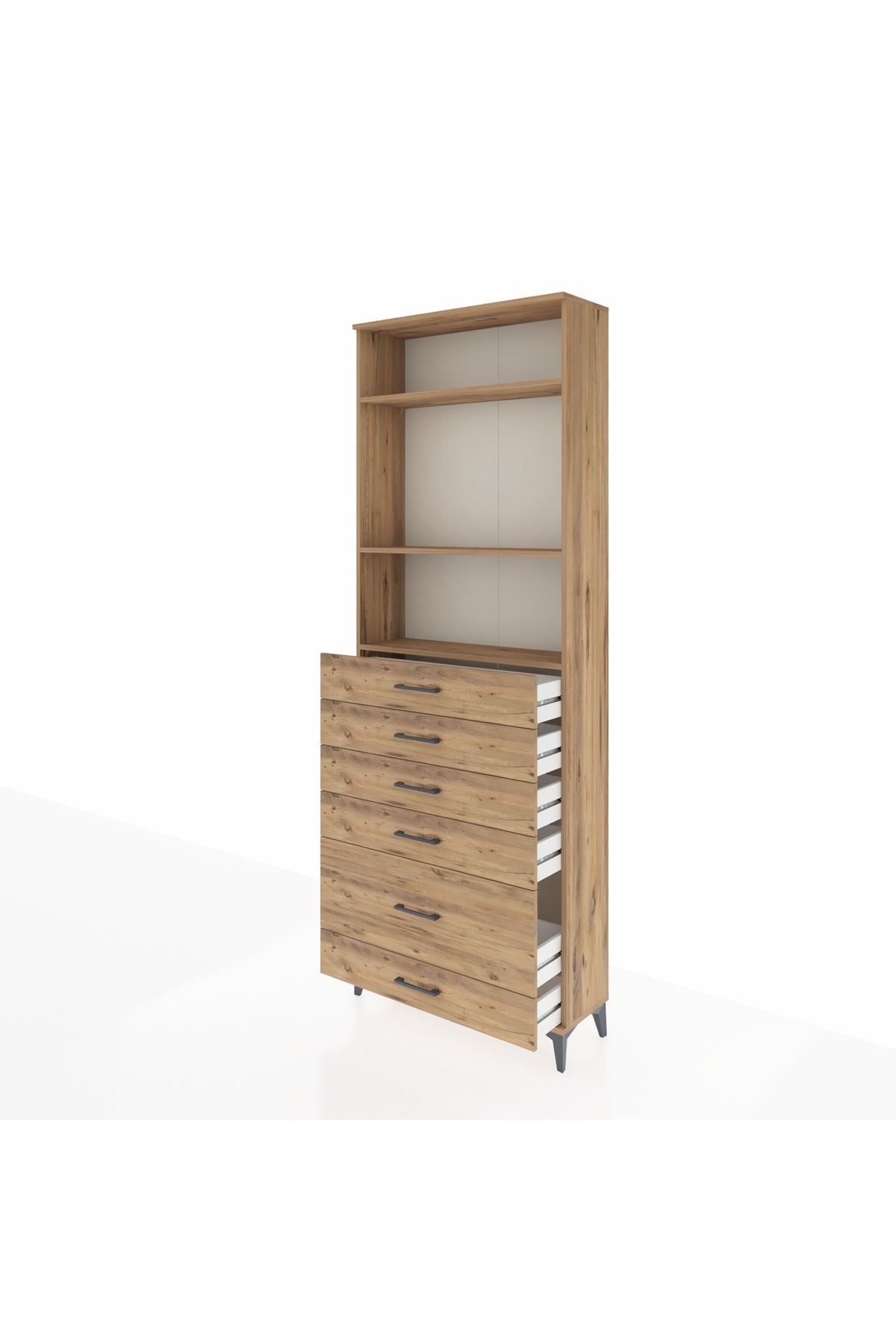 Arges Dolap 3 Raflı 6 Çekmeceli 88x30x243 Çam-Çam