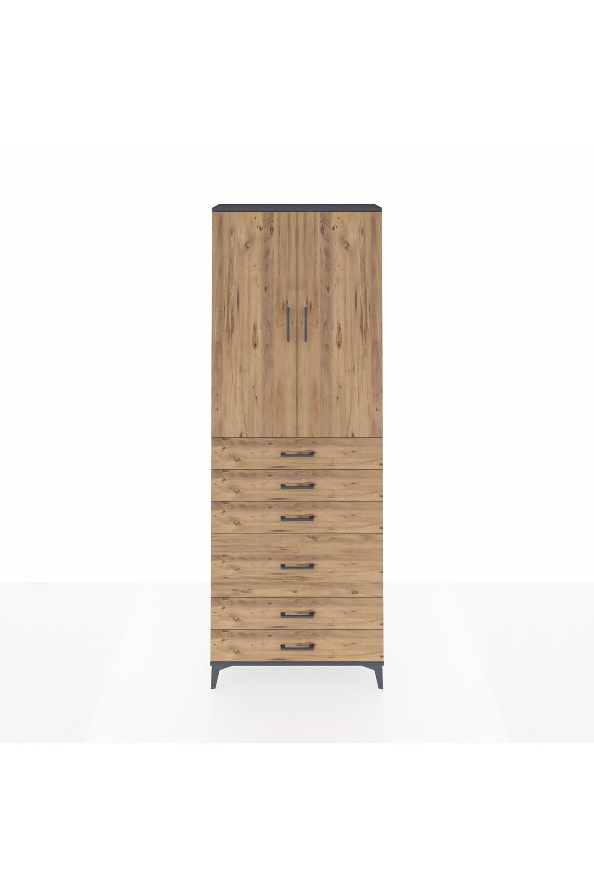 Arges Dolap 3 Raflı 6 Çekmeceli 2 Kapaklı 88x30x243 Antrasit-Çam