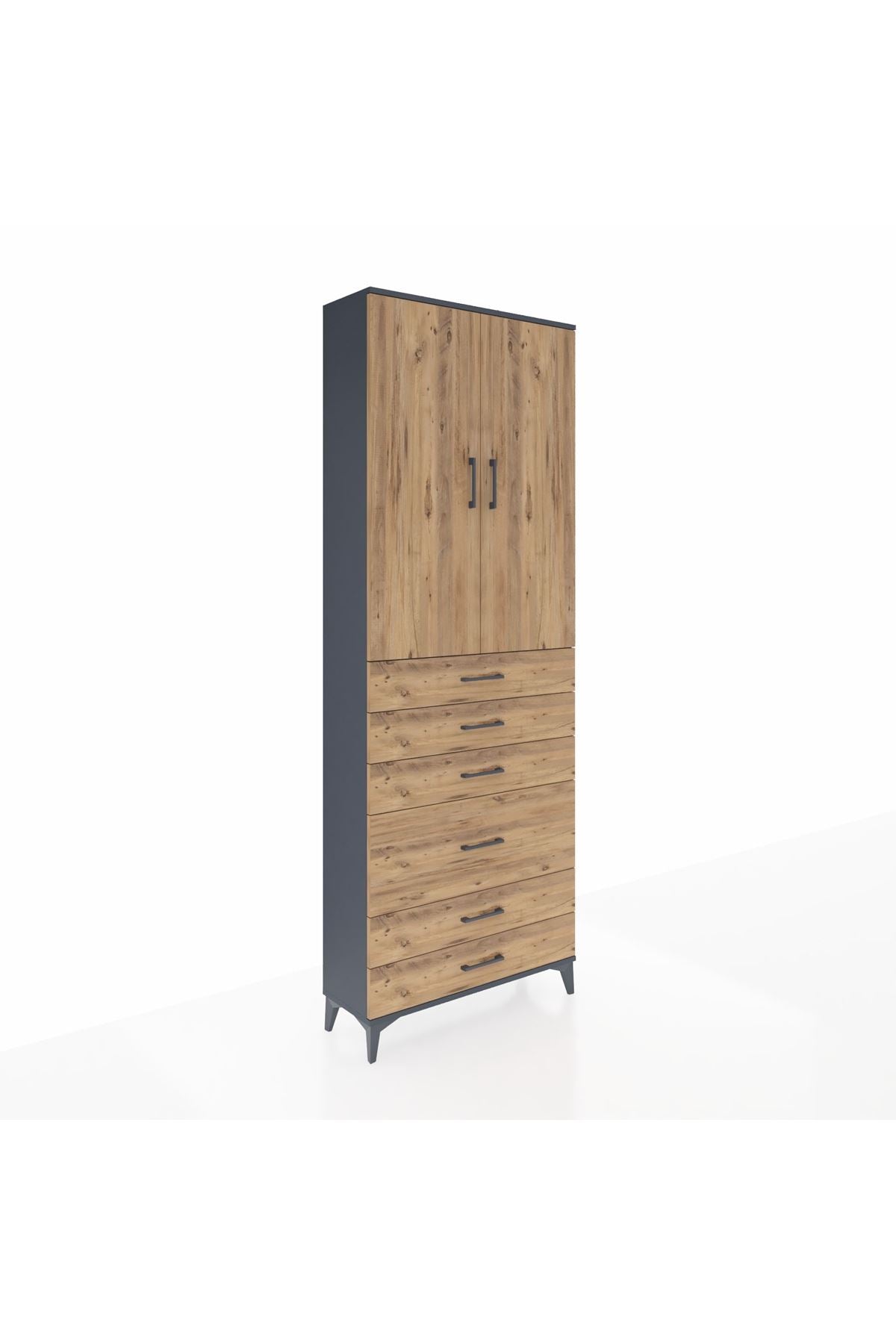 Arges Dolap 3 Raflı 6 Çekmeceli 2 Kapaklı 88x30x243 Antrasit-Çam