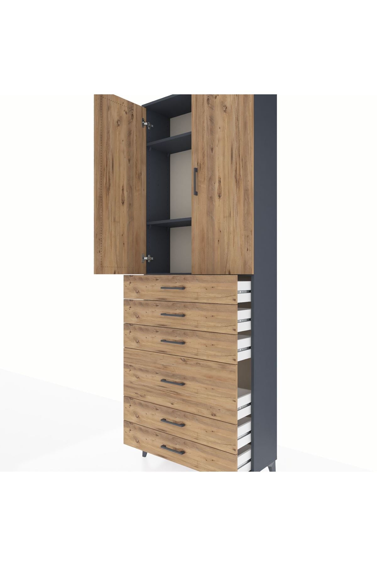 Arges Dolap 3 Raflı 6 Çekmeceli 2 Kapaklı 88x30x243 Antrasit-Çam