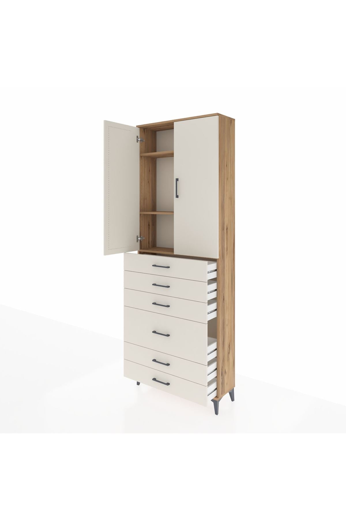 Arges Dolap 3 Raflı 6 Çekmeceli 2 Kapaklı 88x30x243 Çam-Aytaşı