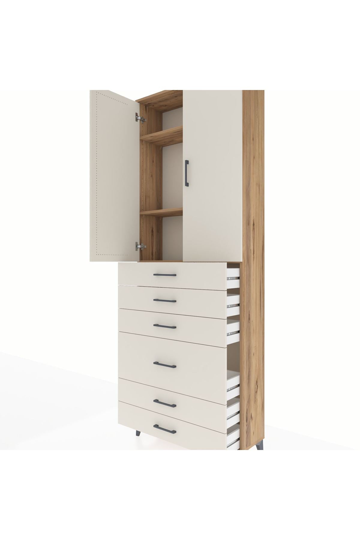 Arges Dolap 3 Raflı 6 Çekmeceli 2 Kapaklı 88x30x243 Çam-Aytaşı