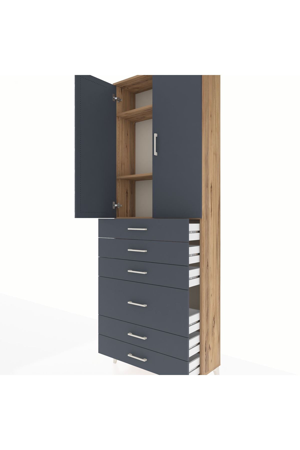 Arges Dolap 3 Raflı 6 Çekmeceli 2 Kapaklı 88x30x243 Çam-Antrasit