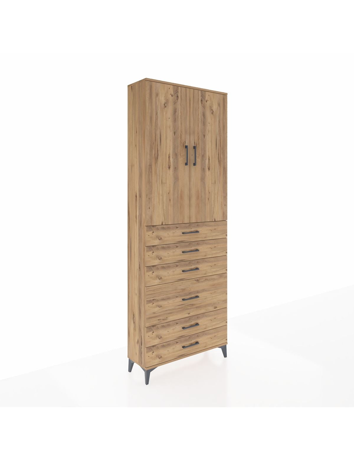 Arges Dolap 3 Raflı 6 Çekmeceli 2 Kapaklı 88x30x243 Çam-Çam