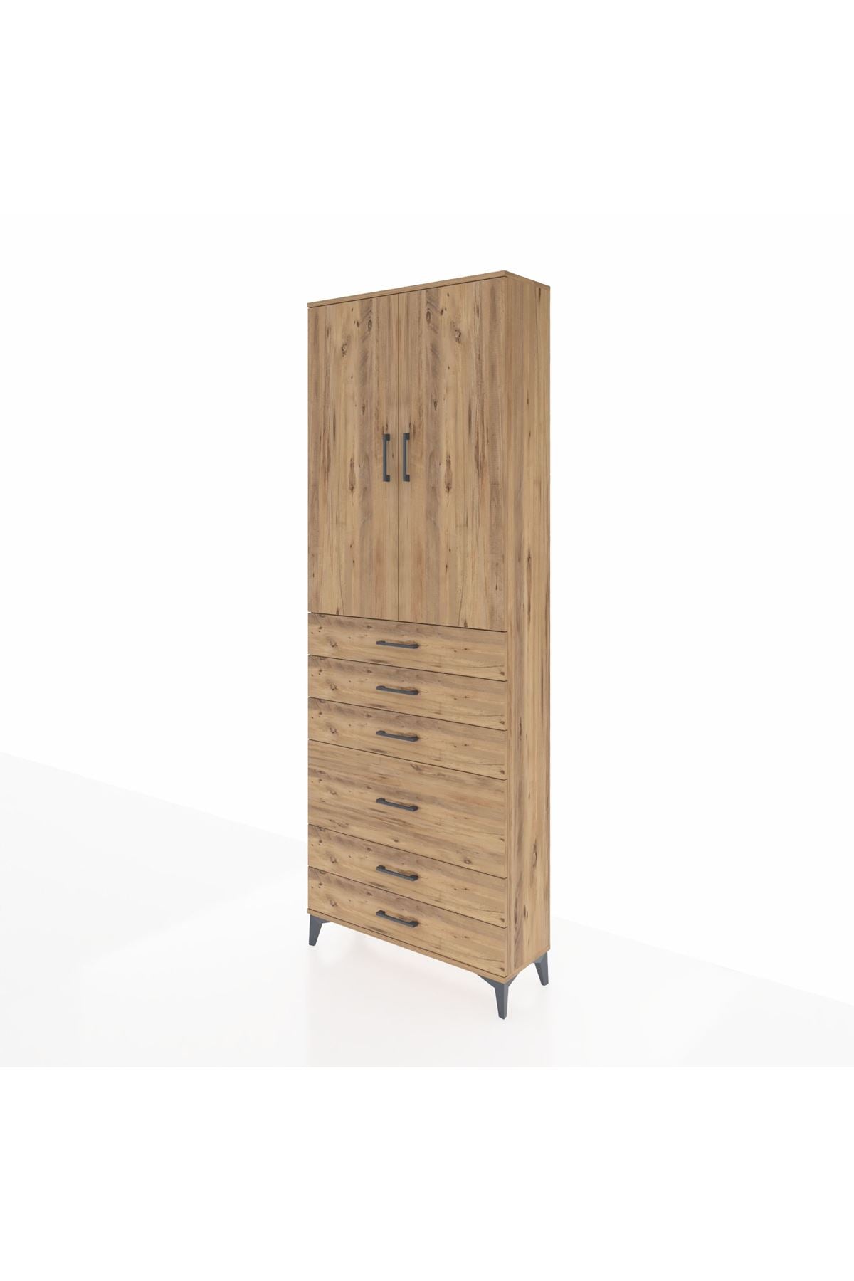 Arges Dolap 3 Raflı 6 Çekmeceli 2 Kapaklı 88x30x243 Çam-Çam