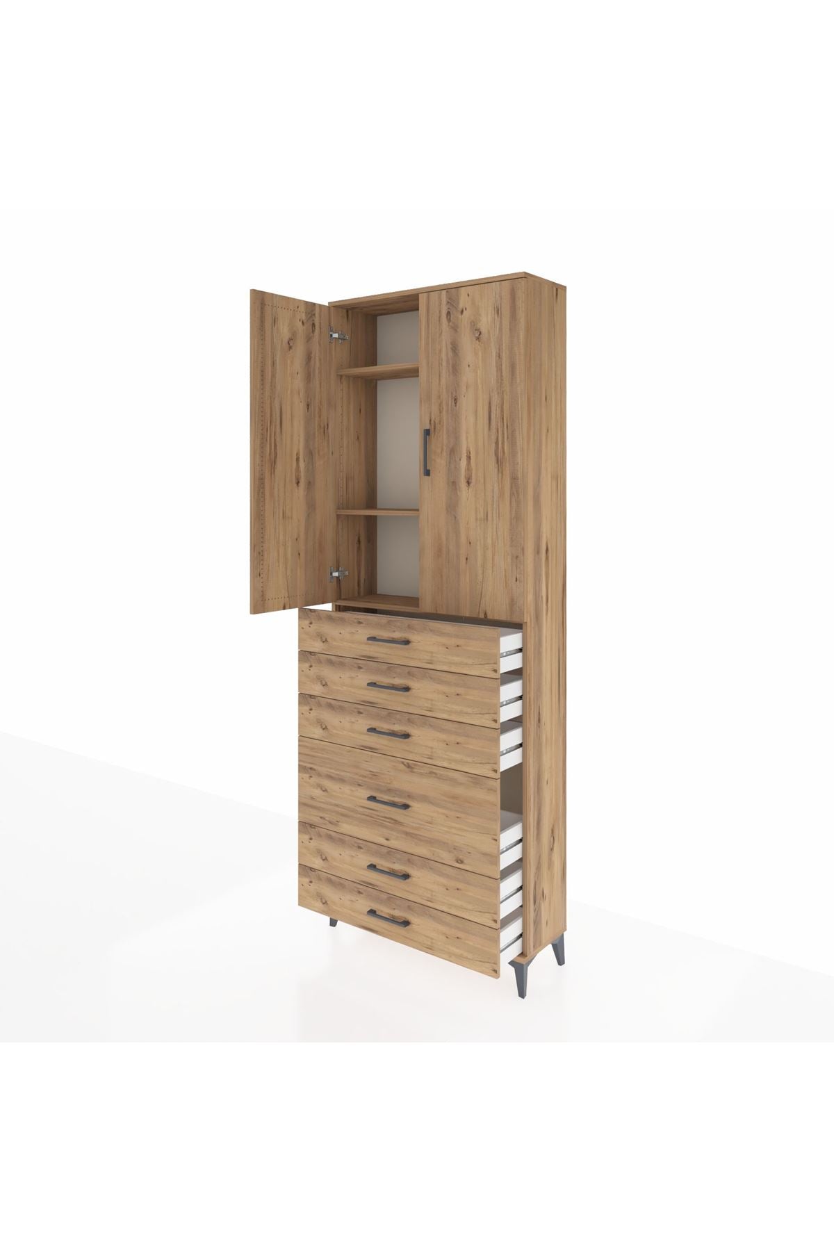 Arges Dolap 3 Raflı 6 Çekmeceli 2 Kapaklı 88x30x243 Çam-Çam